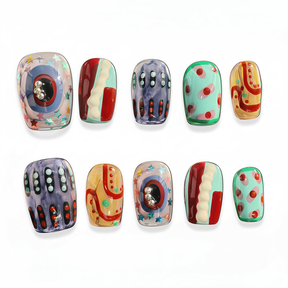 Fine Point Uñas postizas hechas a mano, 10 piezas cortas estilo bailarina cuadrada, estampado de lunares Gallery Pop, reutilizables y adhesivas (talla grande)
