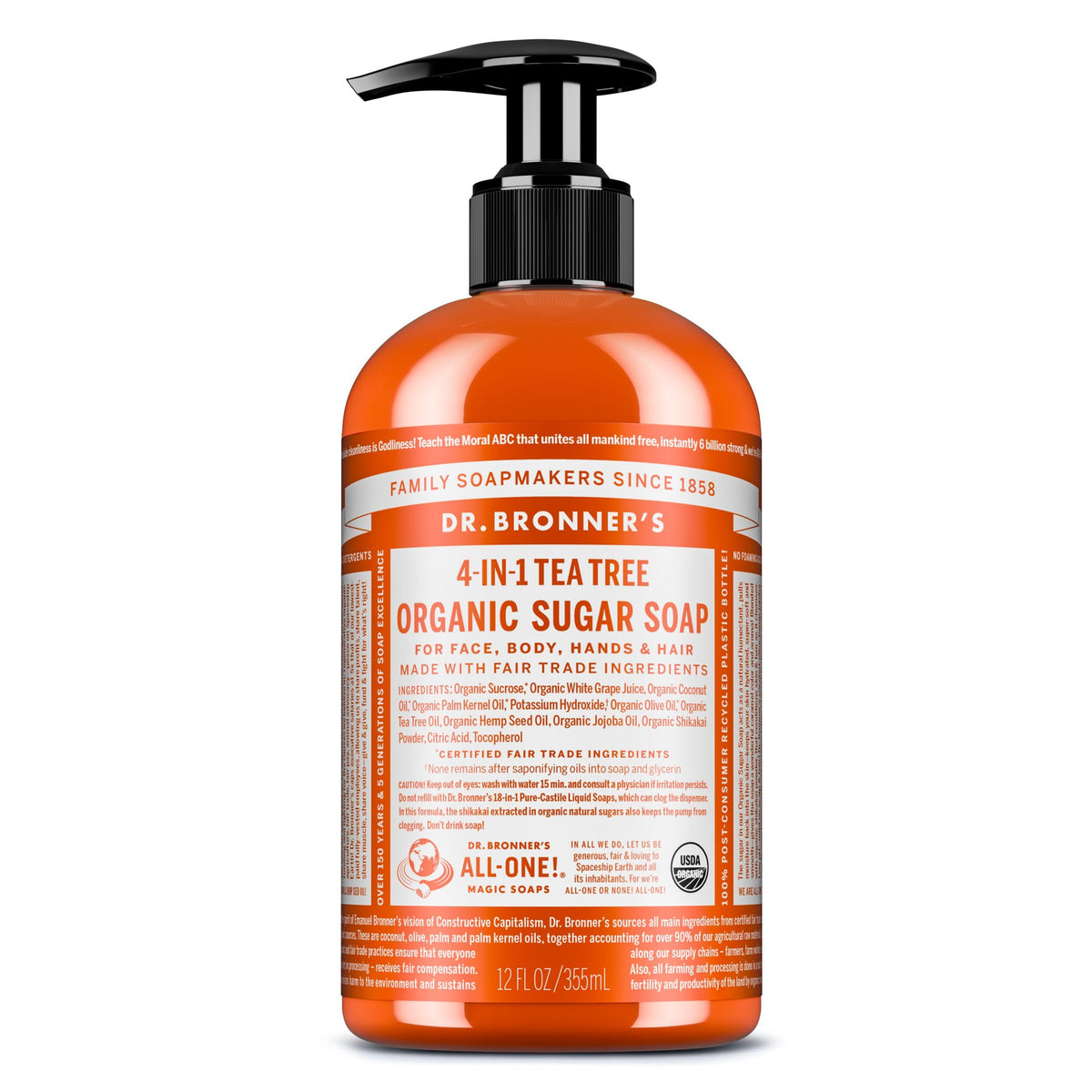 Dr. Bronner's | Jabón de azúcar orgánico líquido, fórmula hidratante y vegana para manos, cuerpo y rostro - Árbol de Té, 355 ml