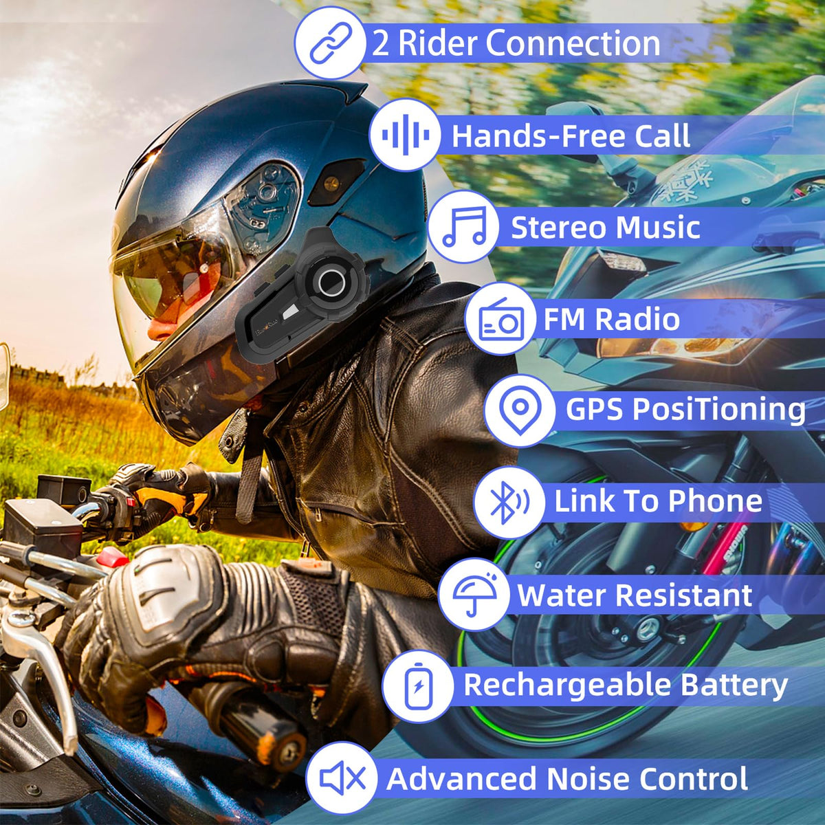 Intercomunicador para Motos EuroFone S2 Negro con Comunicación de 800m y Control de Música para Hombre