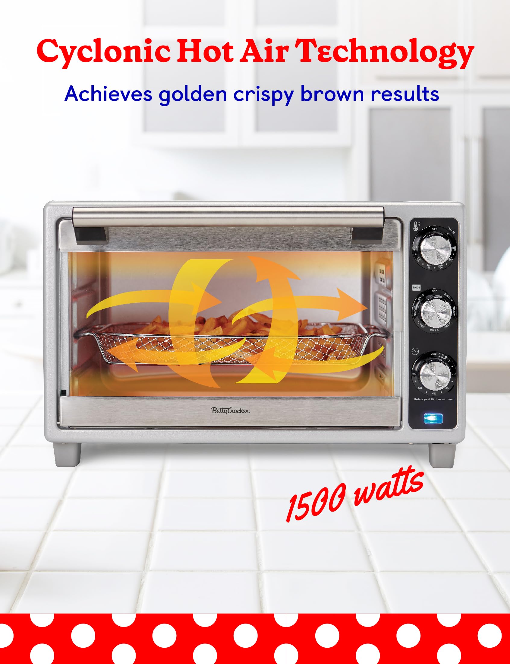 Betty Crocker - Horno tostador de convección, tostador multifunción de 6 rebanadas y horno freidora de aire, 0.8 Cu. Horno tostador Airfryer de capacidad de 6 pies, horno de convección de 7 funciones,