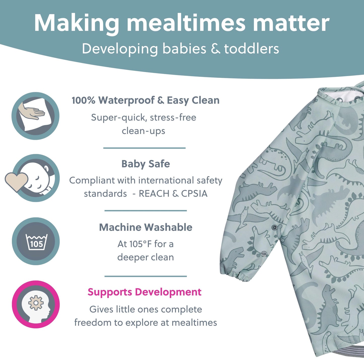 Bibado Baberos para bebé con mangas – Babero de destete LED para niños pequeños y bebés, 6-36 meses, se fija a sillas altas, cochecitos, mesas, Rugido de Dino, One Size
