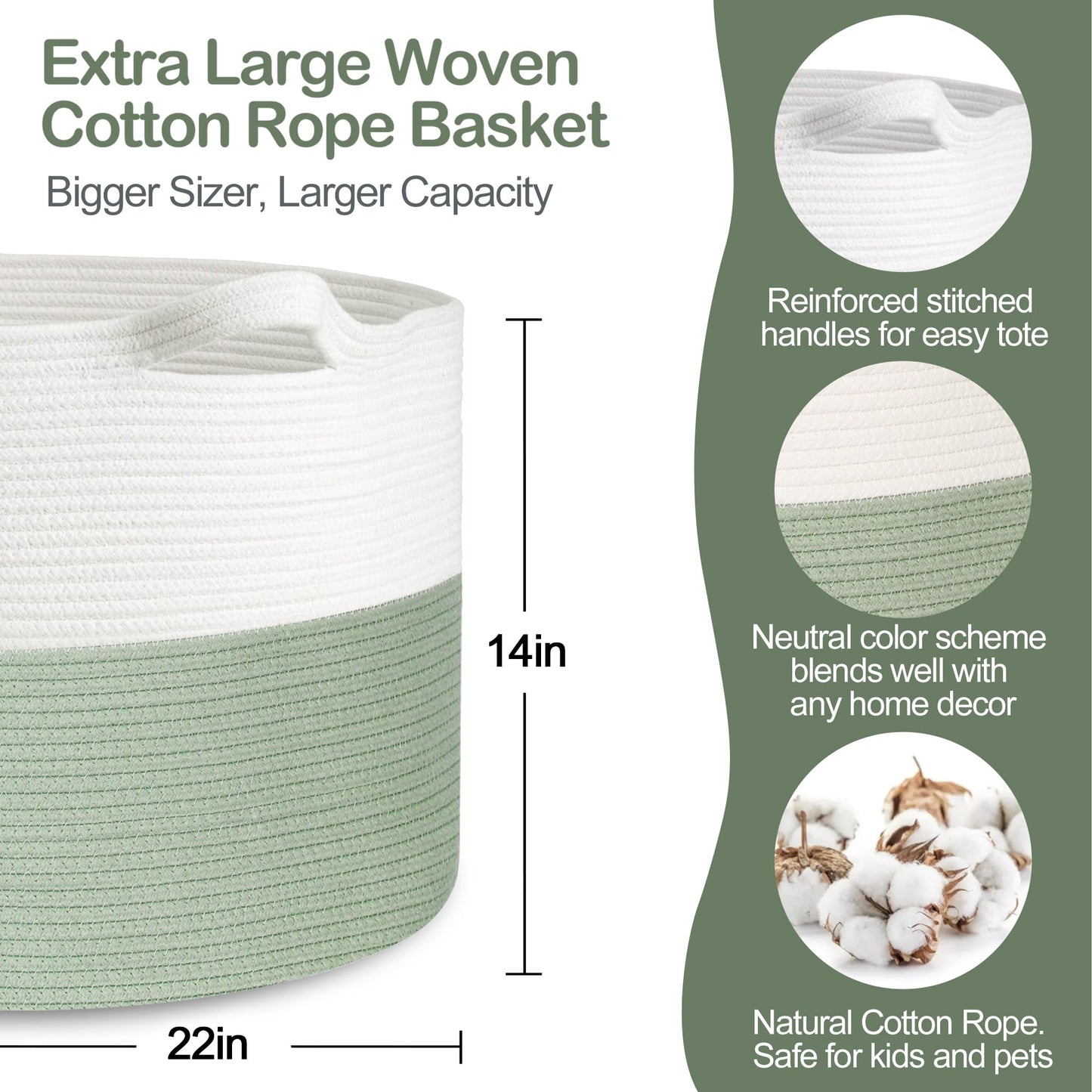 MEGASKET Cesta extragrande para cobijas, 56 x 56 x 36 cm, contenedor de almacenamiento de juguetes para niños y mascotas, organizador de juguetes para bebés y niños pequeños, cesta tejida de cuerda de