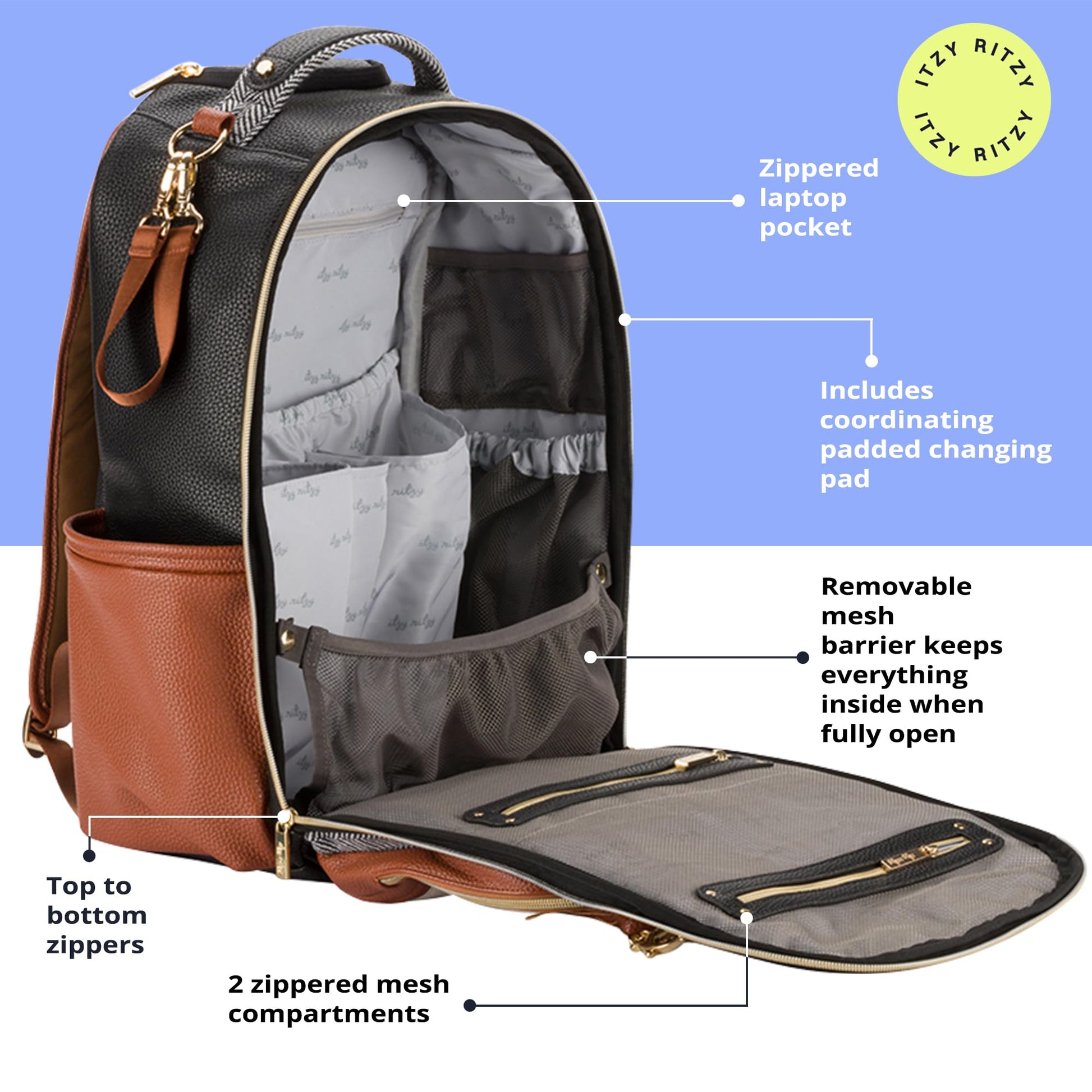 Itzy Ritzy - Mochila para pañales de gran capacidad Boss Plus para bebé con 19 bolsillos, cambiador, clips para cochecito y cómodas correas para mochila, café y crema