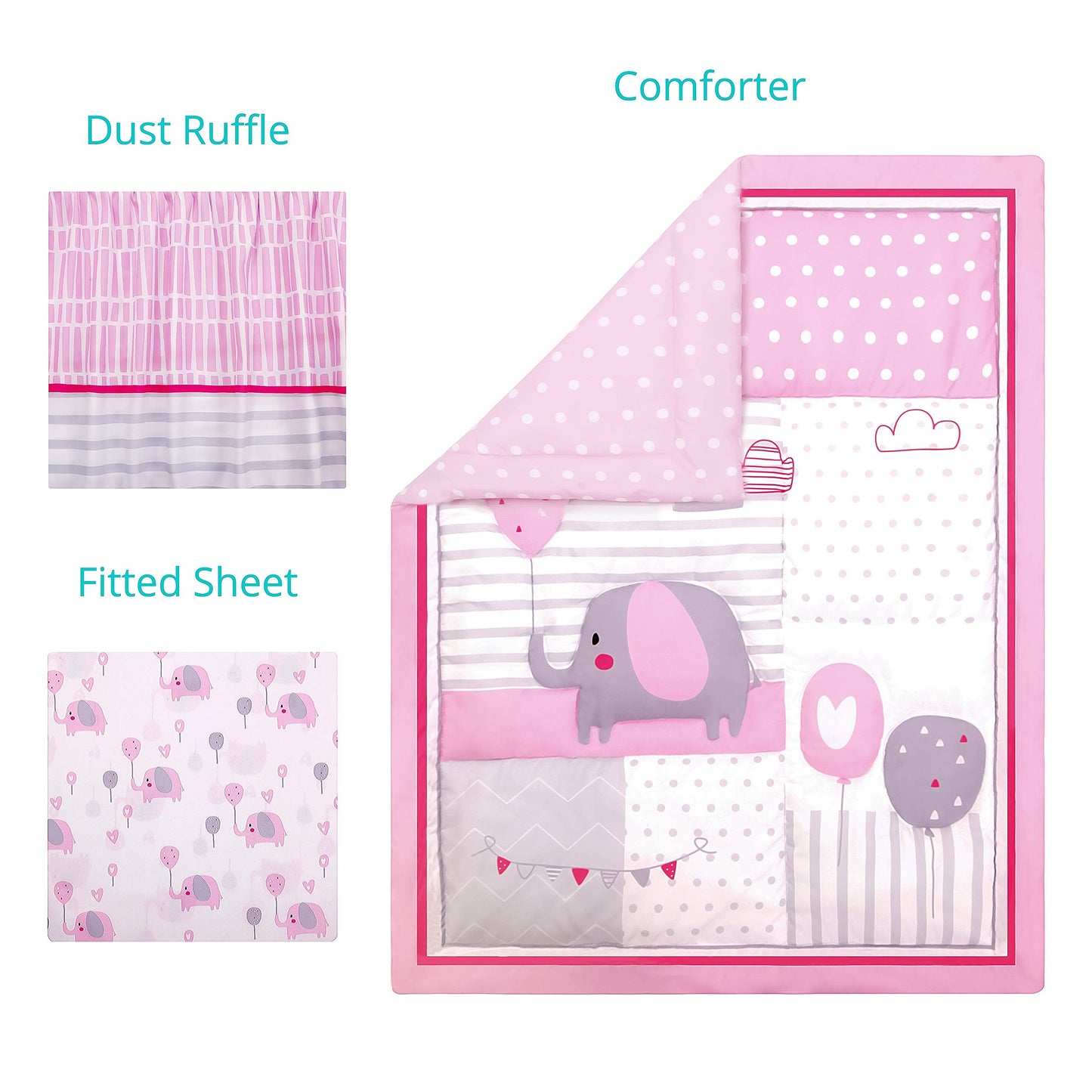 La Premura Baby Elephant Nursery Crib Bedding Set for Girls - Pink Elephant & Love Balloons 3-Piece Standard Size Crib Set, Pink & Gray
