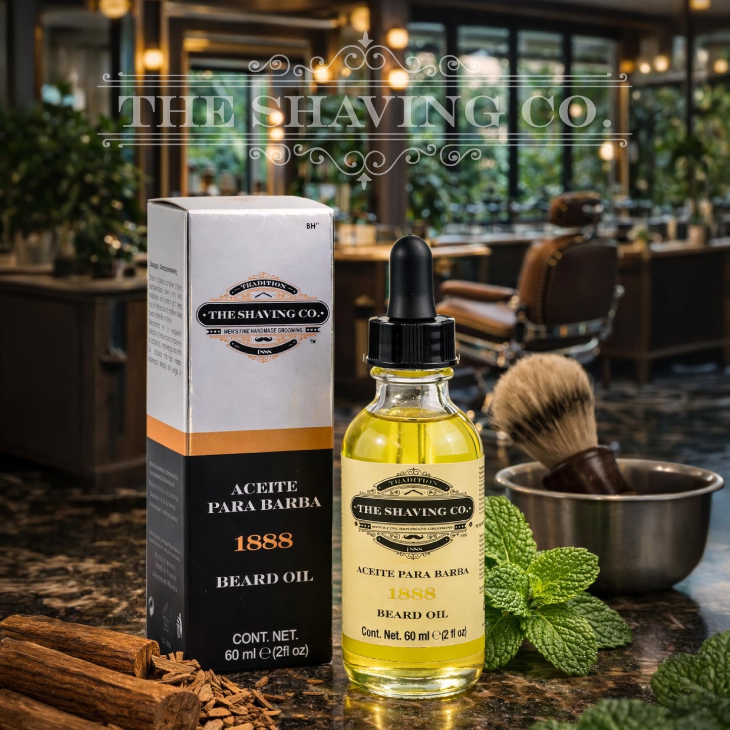THE SHAVING CO Aceite para Barba 1888 Cantidad 60ml/2oz. Aroma Clásico. Nutre, Humecta e Hidrata tu Barba desde la raíz. Hecho especialmente con ingredientes Premium 100% naturales, No contiene alcohol. Libre de Sulfatos y Libre de Parabenos. 1888 CLASSIC
