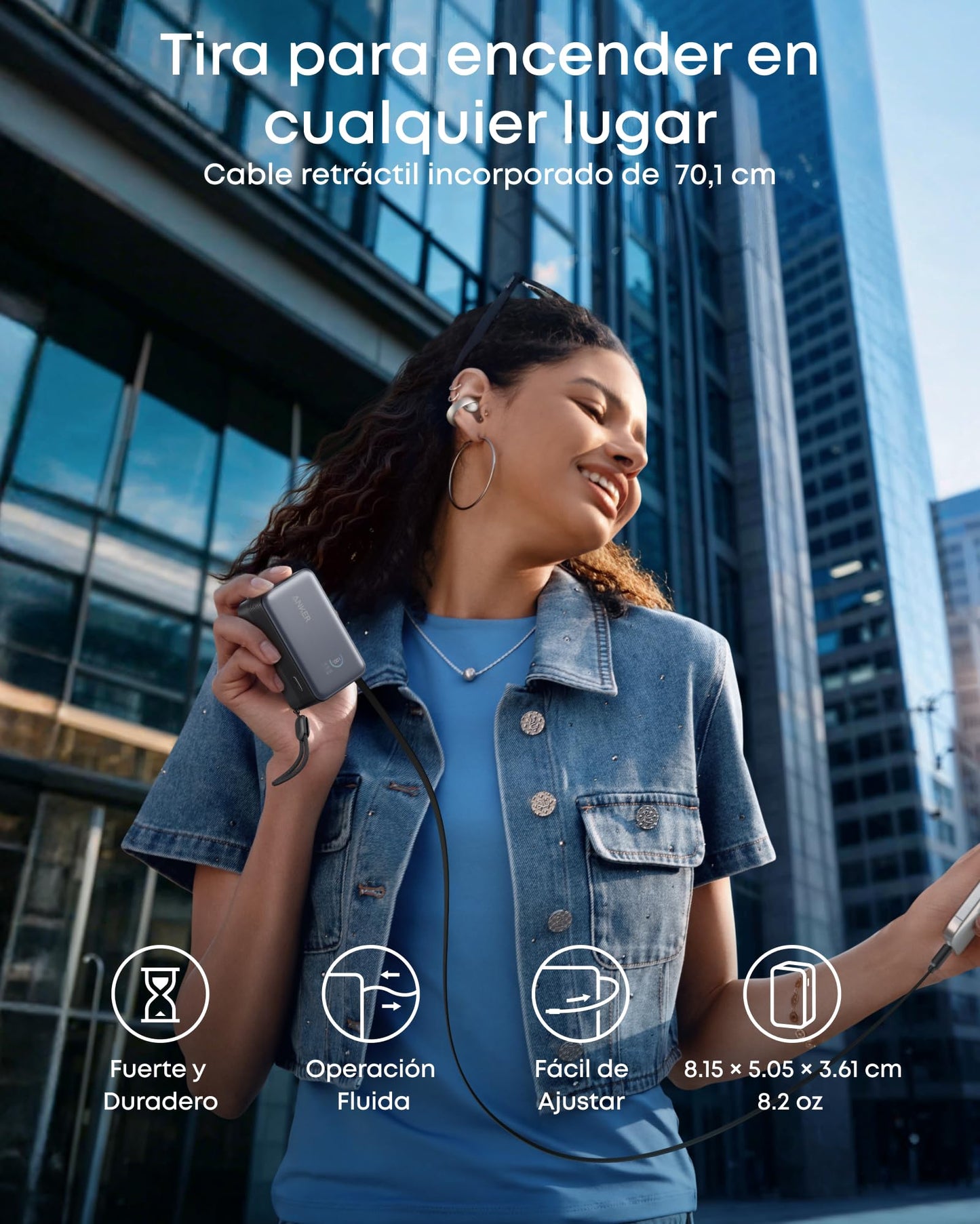 Cargador Portátil Anker Nano Negro de 10.000mAh con Cable Retráctil InstaCord y Pantalla Inteligente para iPhone, iPad, Galaxy y Pixel