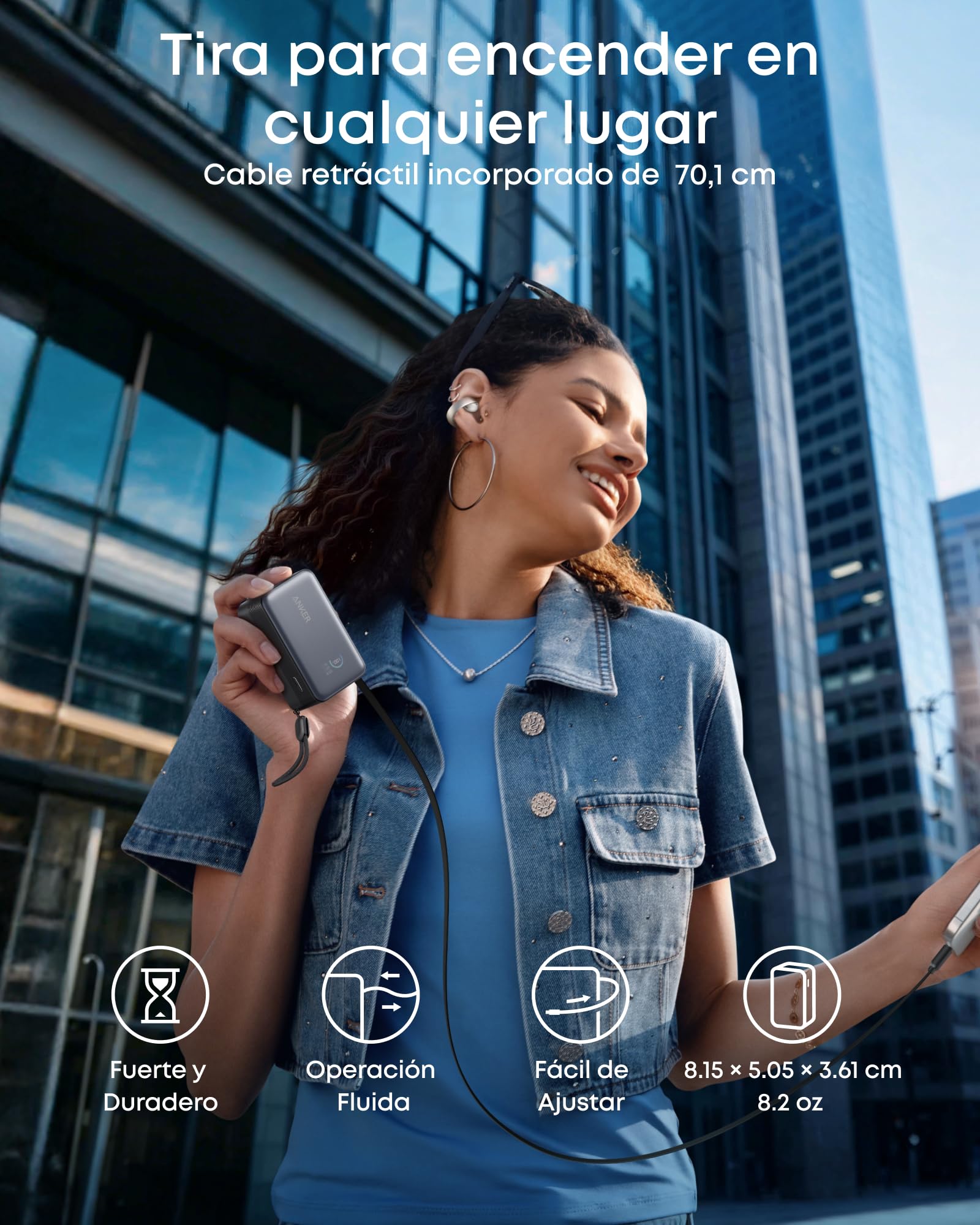 Cargador Portátil Anker Nano Negro de 10.000mAh con Cable Retráctil InstaCord y Pantalla Inteligente para iPhone, iPad, Galaxy y Pixel
