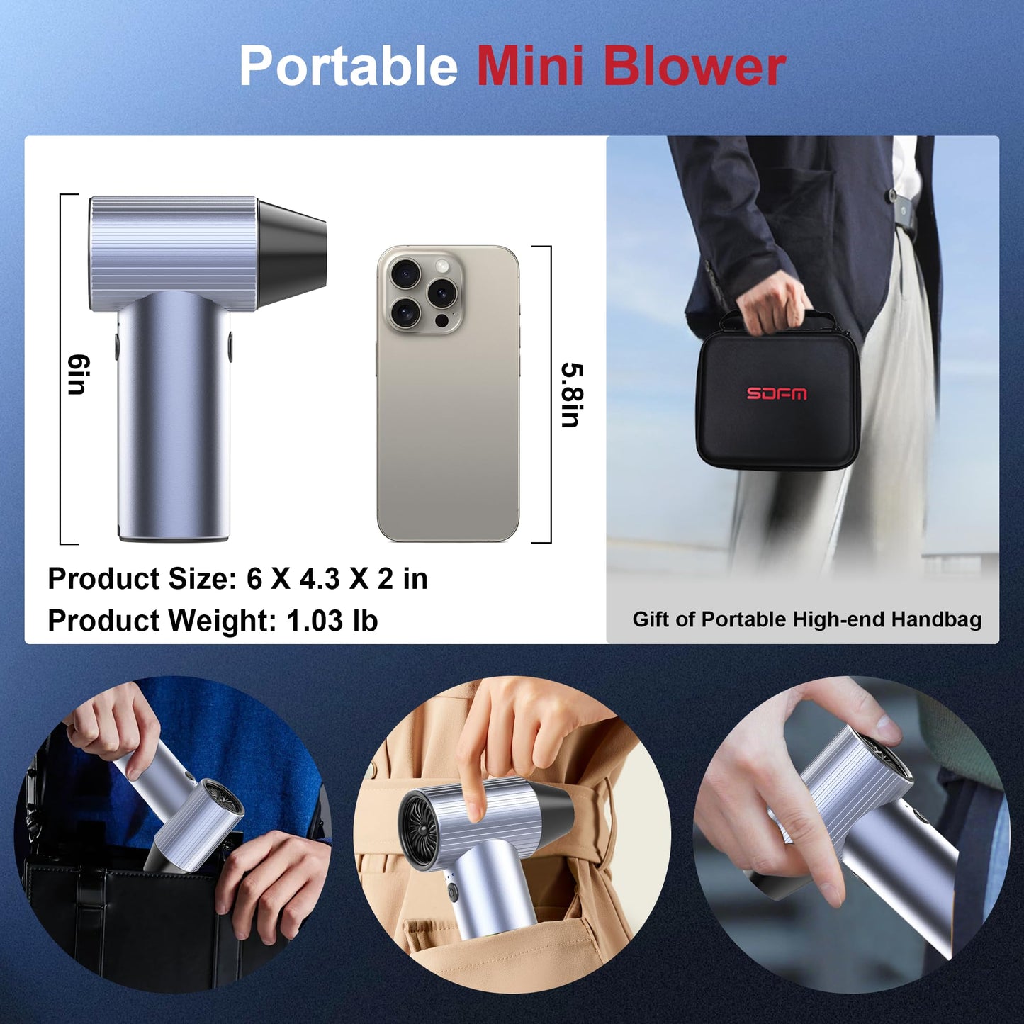 SDFM - Plumero de aire eléctrico, mini soplador súper potencia con motor sin escobillas, modo de 3 velocidades, sopladores de hojas ligeros para soplar hojas, limpieza de patio, teclado, PC, coche