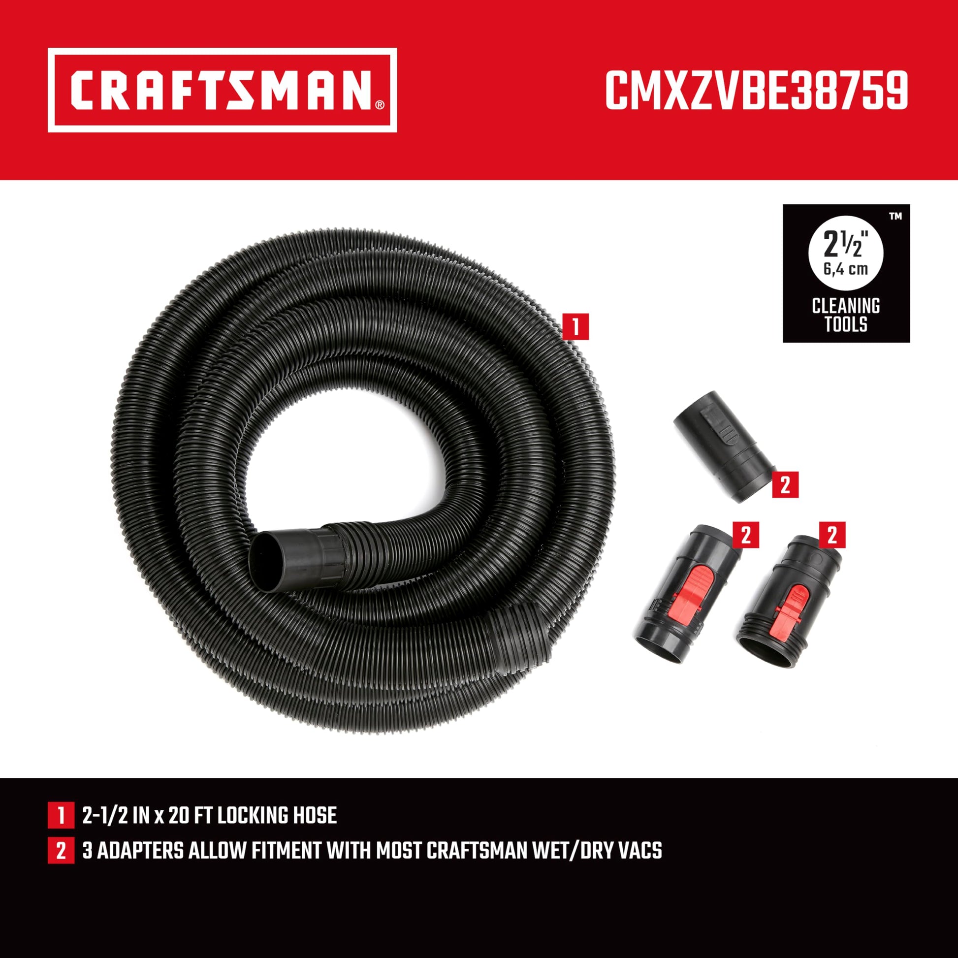 CRAFTSMAN CMXZVBE38759 2-1/2 pulgadas x 20 pies POS-I-LOCK Kit de manguera de aspiradora húmeda/seca para aspiradoras de tienda