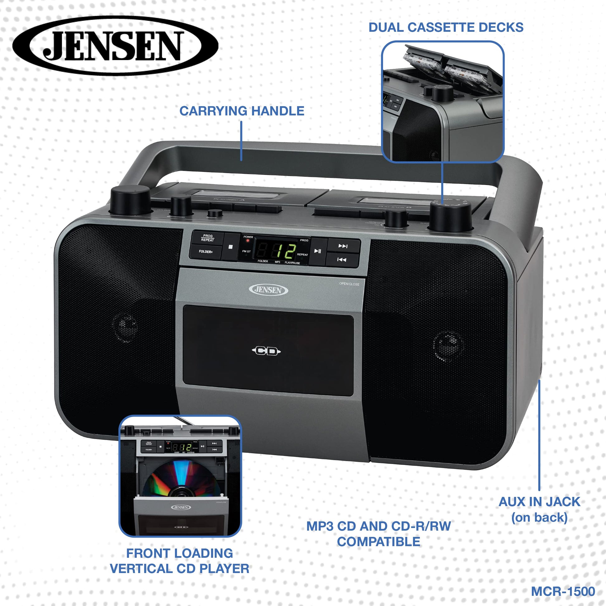 Jensen MCR-1500 Reproductor de CD y Casetes Portátil con Radio AM/FM, Estéreo, Gris, Compatible con CD y MP3, Conectividad Auxiliar y Auricular