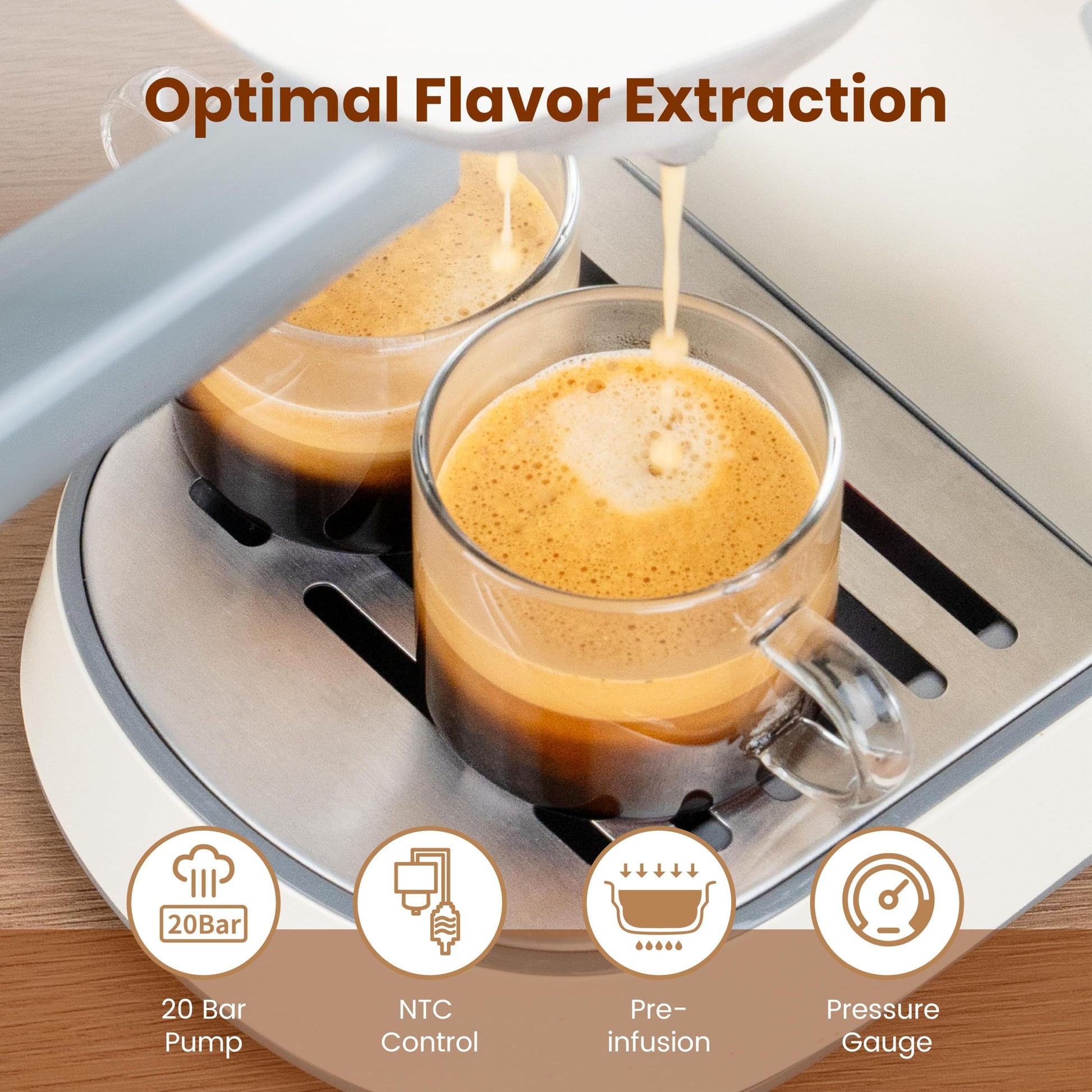 Gevi - Máquina de Espresso Profesional Compacta de 20 Bares Con Espumador de Leche Para Expreso, Latte y Capuchino Con 35 Ajustes Precisos de Molienda, Color Beige