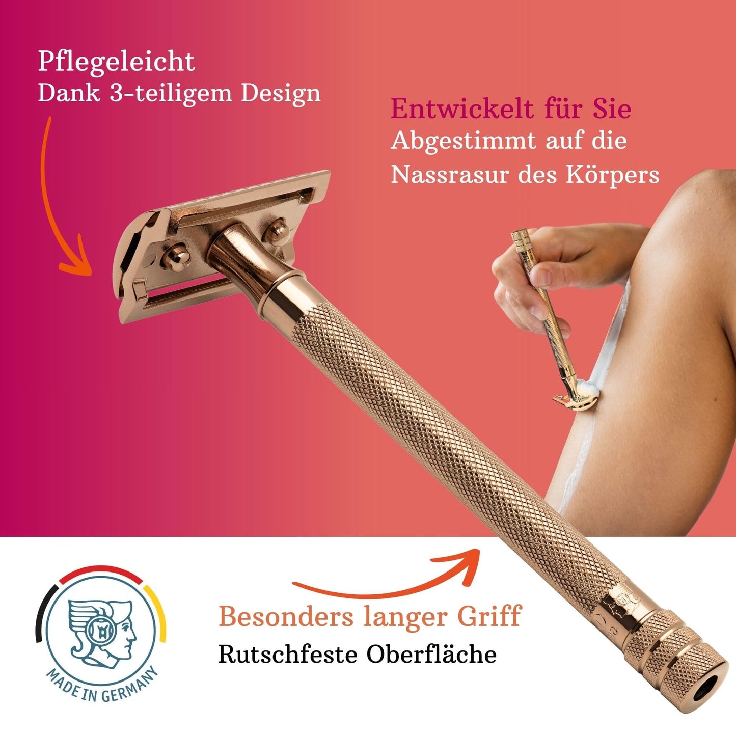 MERKUR Maquinilla de afeitar 24G para mujer con 10 cuchillas de afeitar premium, mango extralargo, maquinilla de afeitar de tres piezas, corte recto, oro rosa, fabricada en Alemania