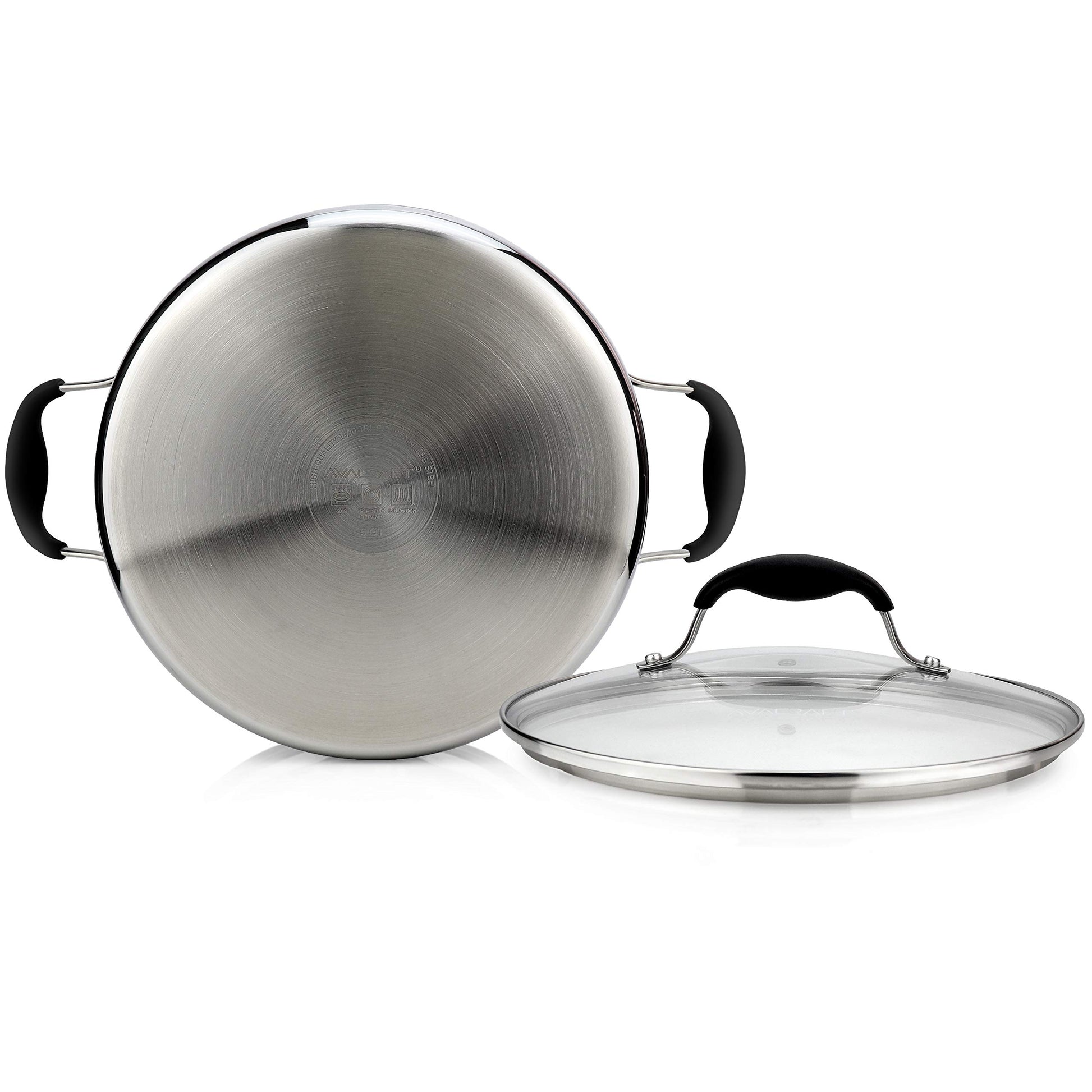 AVACRAFT Horno holandés de acero inoxidable 18/10 con tapa, olla holandesa con tapa, sartén de chef con tapa de vidrio en ollas y sartenes, olla de inducción, olla de stock (5 cuartos de galón)