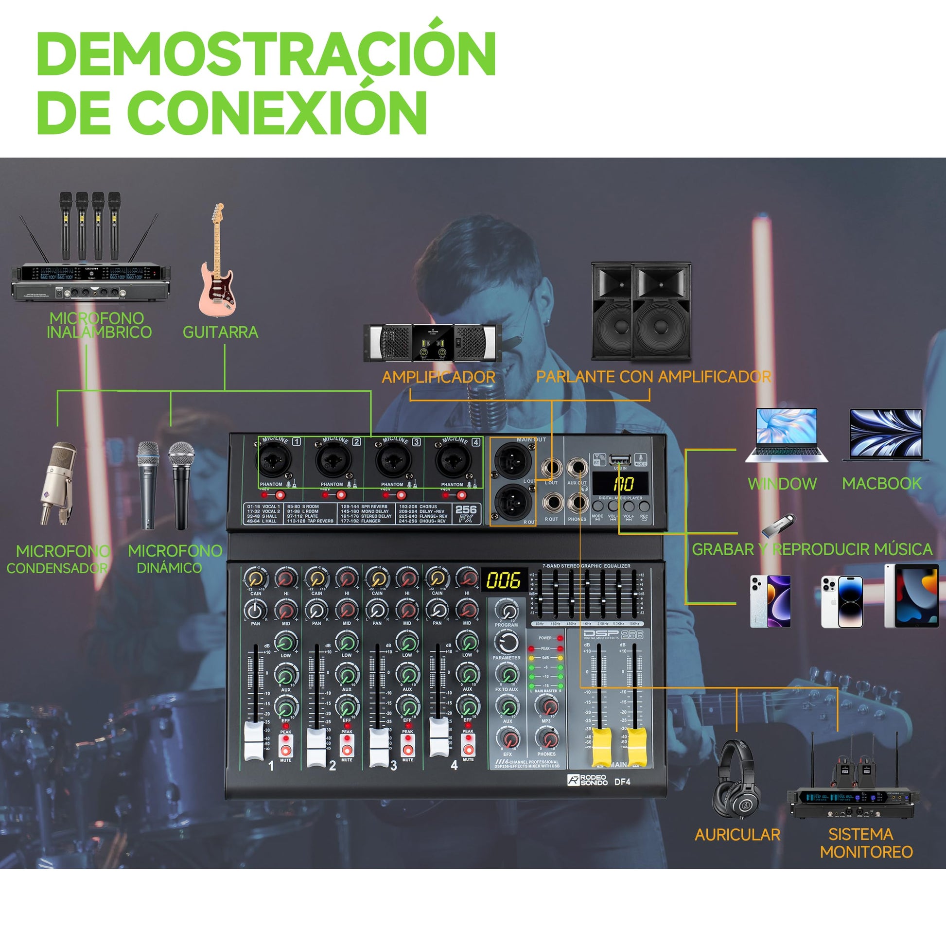 Mezcladora de Audio Rodeosonido Df4n Profesional con USB y Bluetooth
