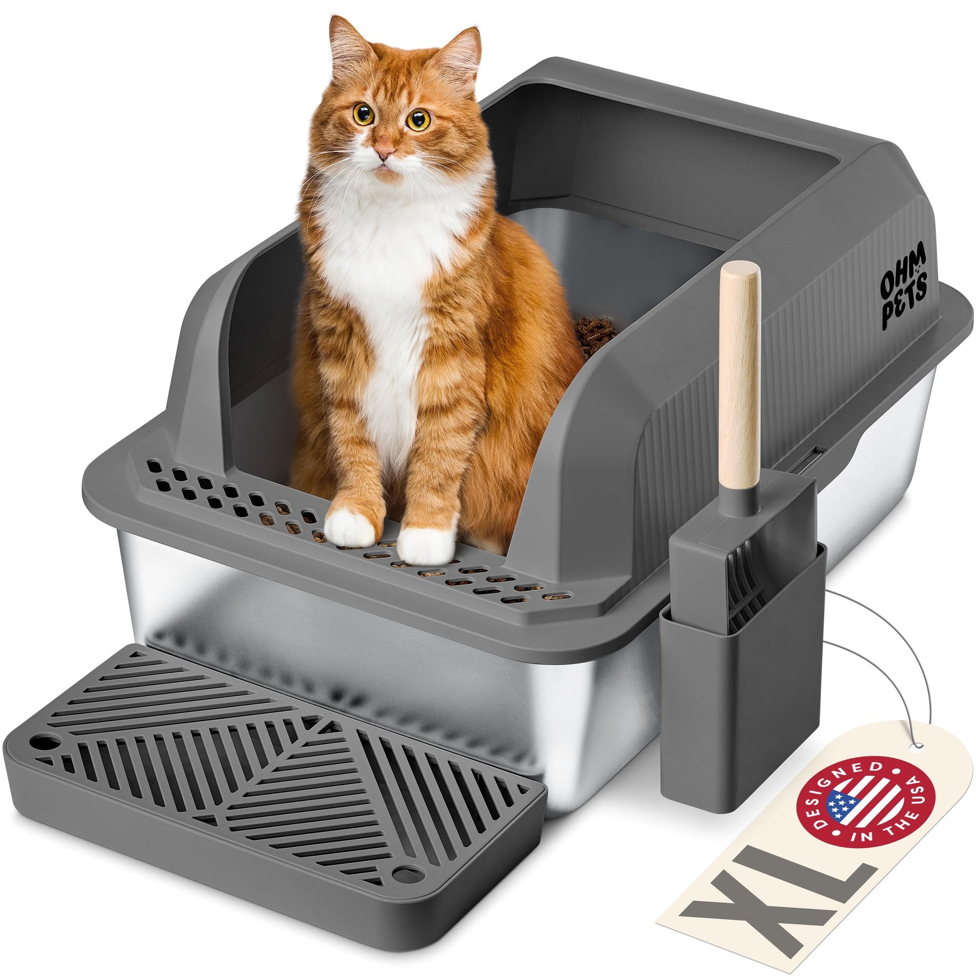 Caja de arena para gatos de acero inoxidable, extragrande