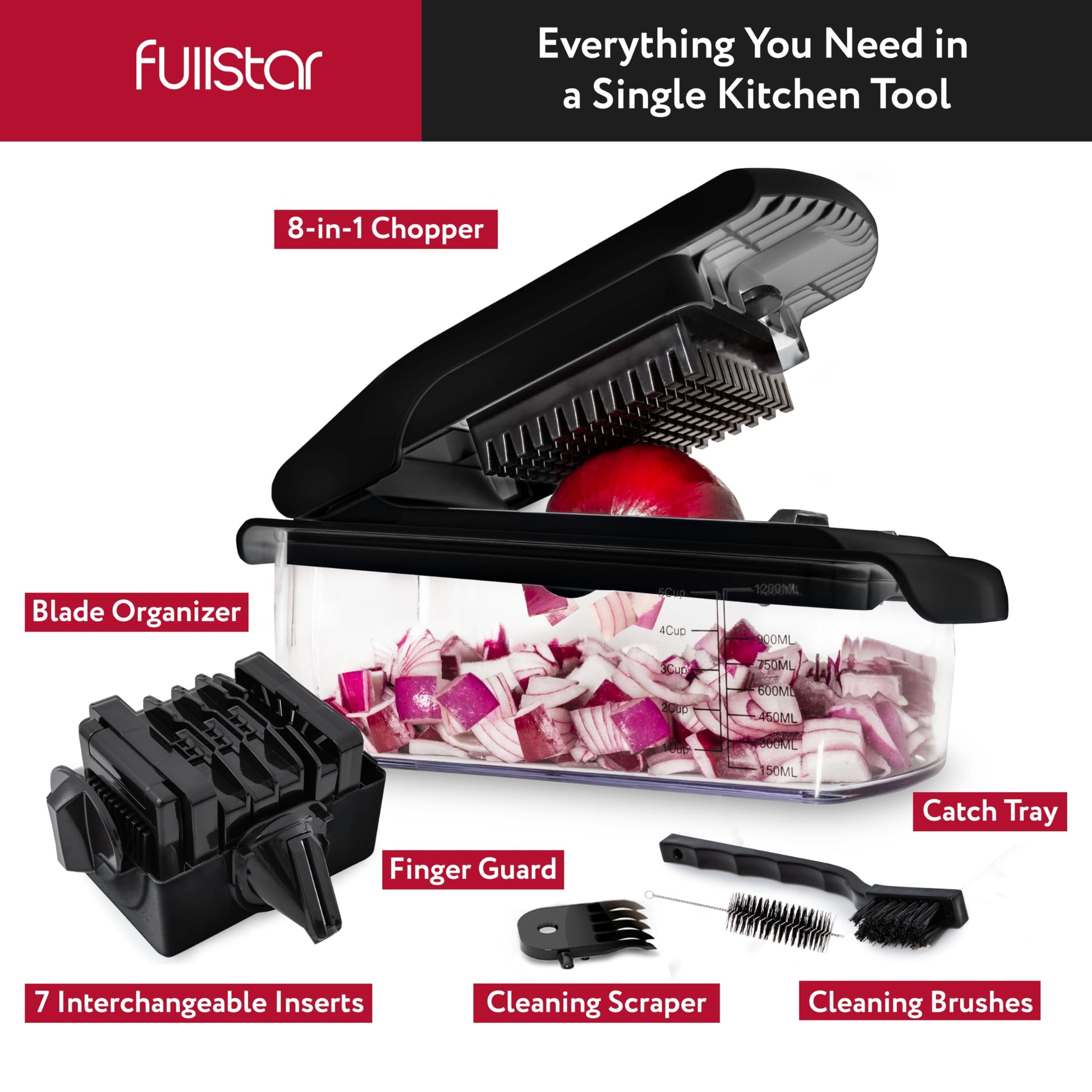 Fullstar - Picador de verduras y espiralizador - Picador de alimentos con contenedor, rebanador de frutas, utensilios de cocina y accesorios, esenciales para el hogar (8 en 1, negro)