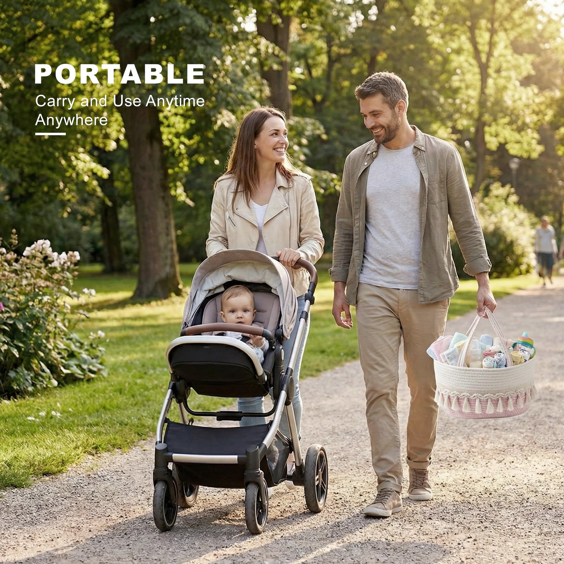 TUWEIPAIKE Organizador de pañales, elegante cesta de almacenamiento de guardería, cesta de baby shower con aspecto decorativo de borla, cesta de almacenamiento portátil adecuada para viajes familiares