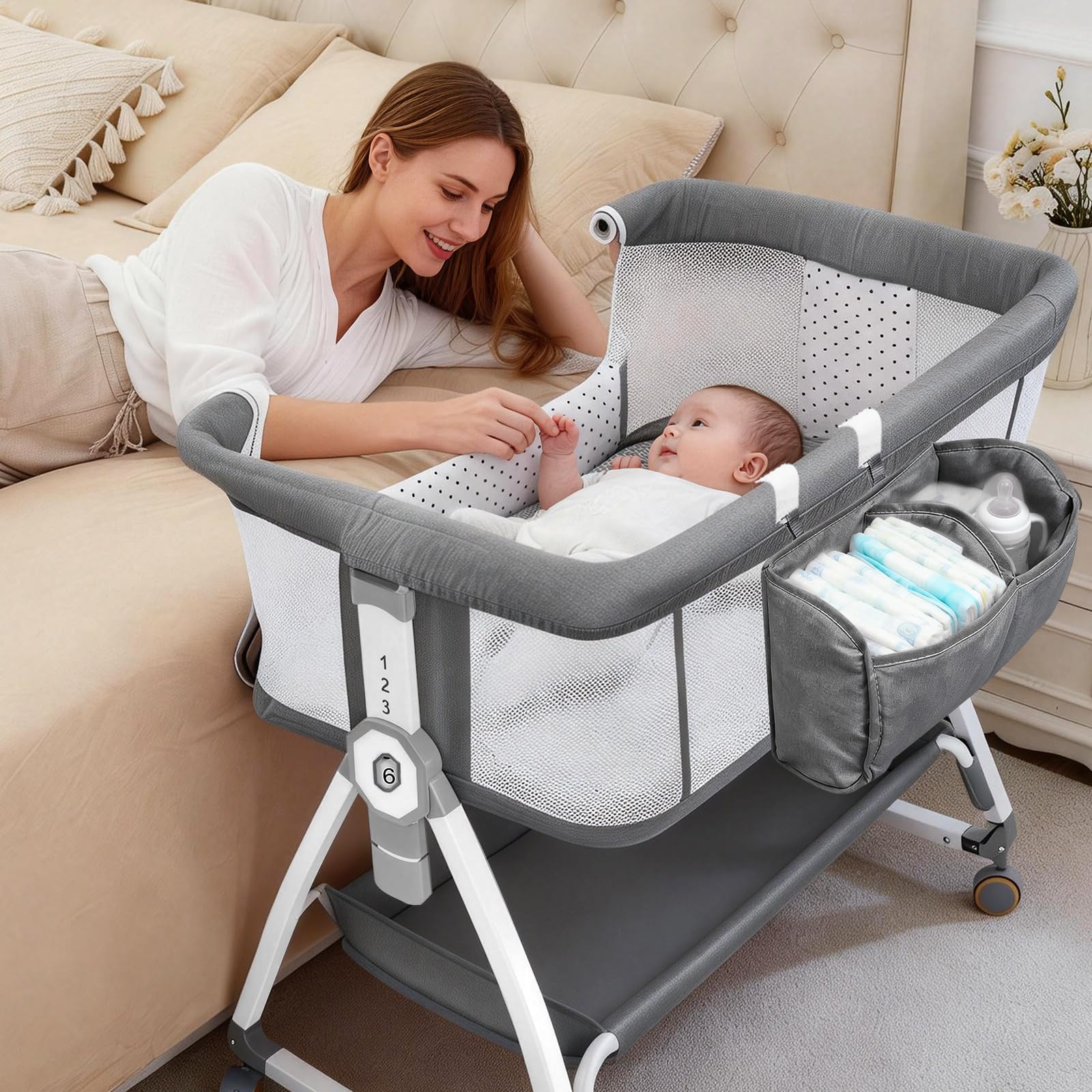 Leoavetole - Moisés de cama para bebé, cuna 4 en 1 con ruedas, cuna ajustable de 6 altura con malla transpirable para recién nacidos y bebés (gris profundo)
