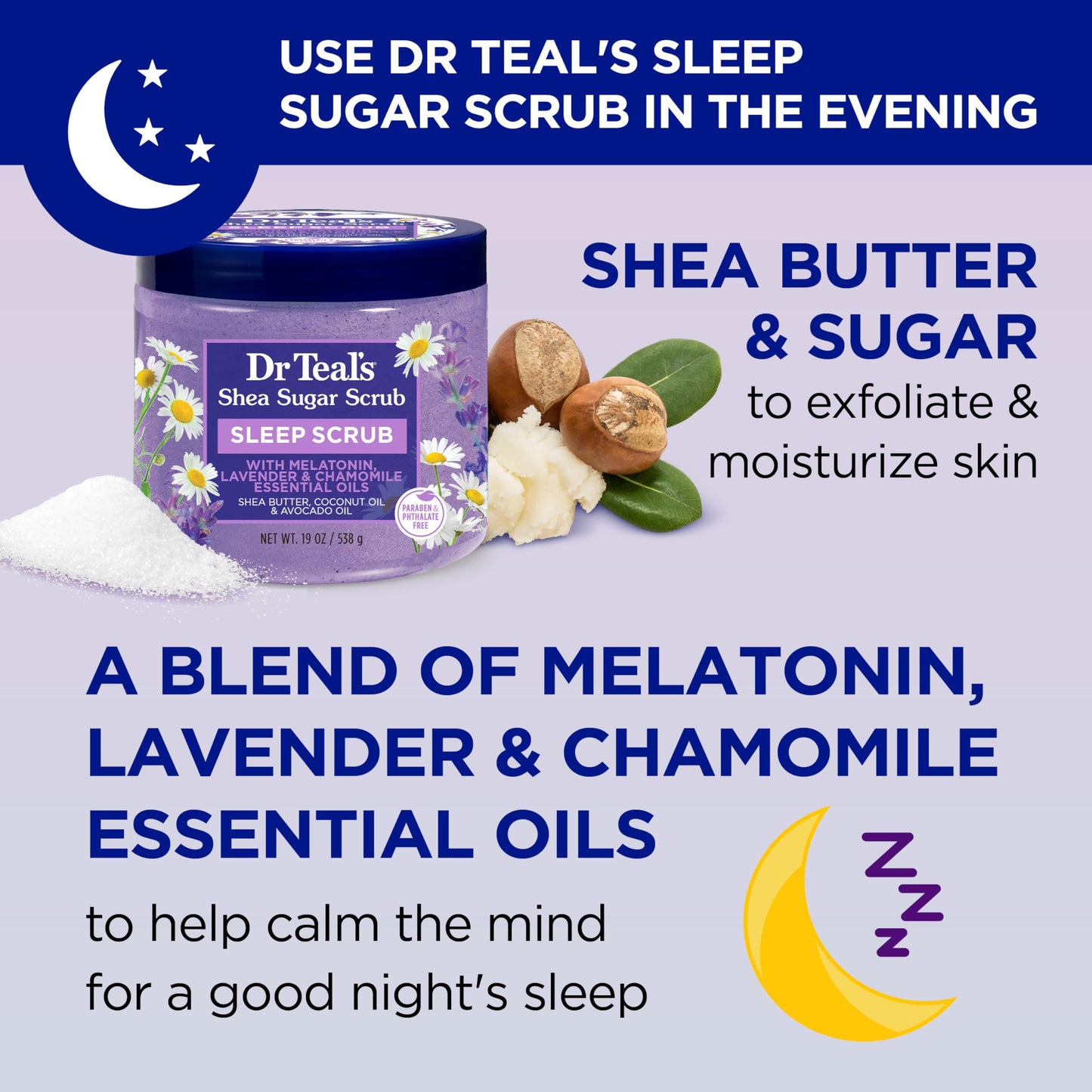 Dr Teal's Shea Sugar Body Scrub, Daytime/Nighttime with Vitamin C and Sleep Blend, 19 oz (Pack of 2) (Packaging May Vary)