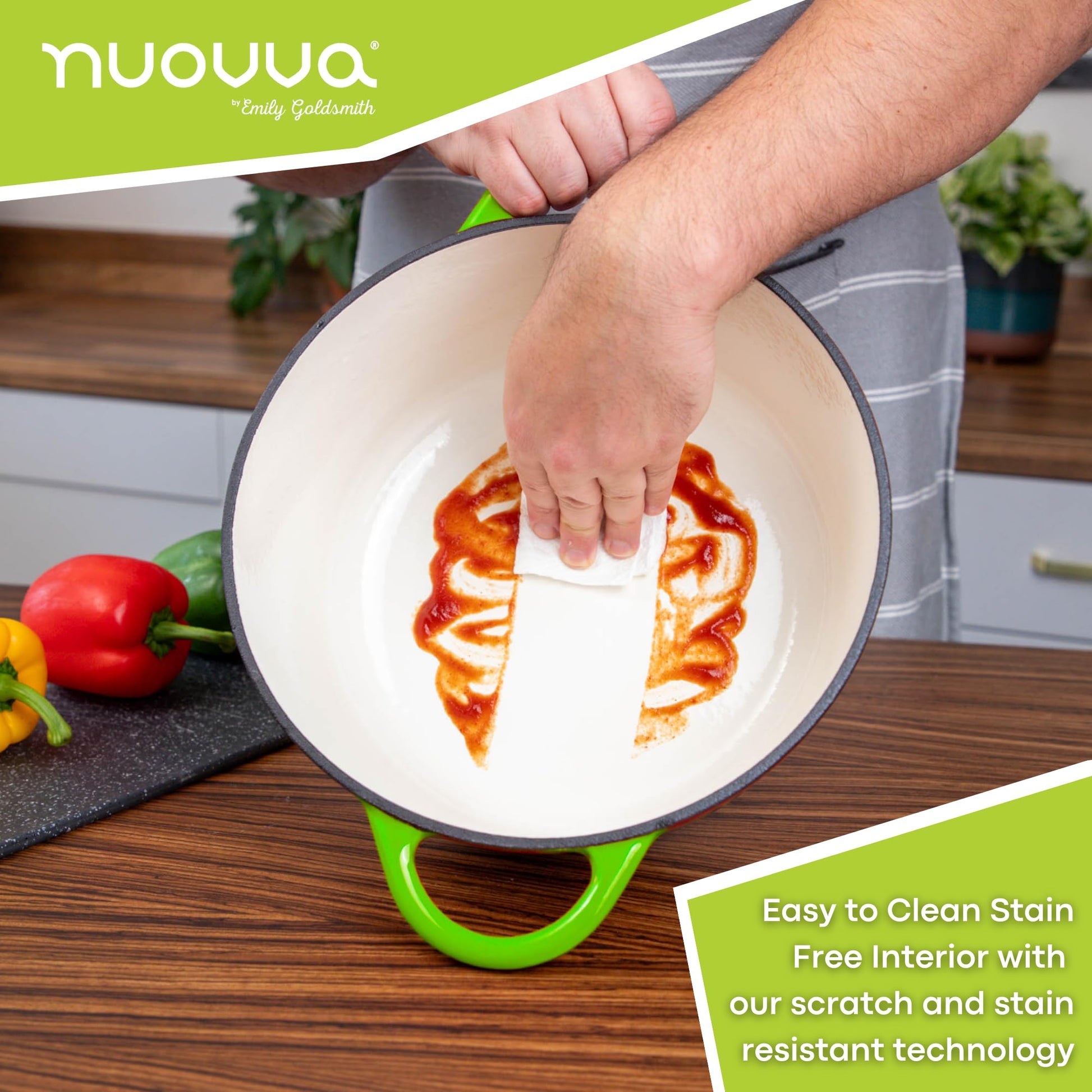 Nuovva - Horno Holandés de Hierro Fundido con Tapa - Cacerola Esmaltada Antiadherente - Verde, 7.3 Cuartos de Galón, 30 cm
