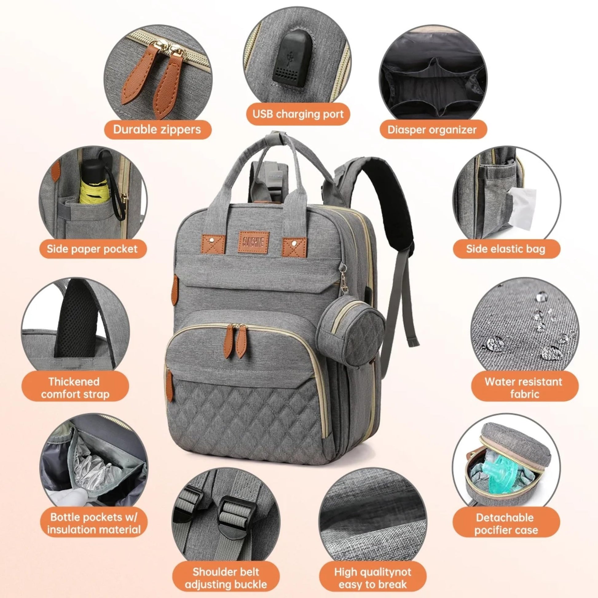 Koskids - Mochila para pañales Bolsa grande para pañales de viaje. Bolsa de pañales impermeable multifuncional con cambiador, puerto USB, correas de carriola y estuche para chupete, Gris, Large,