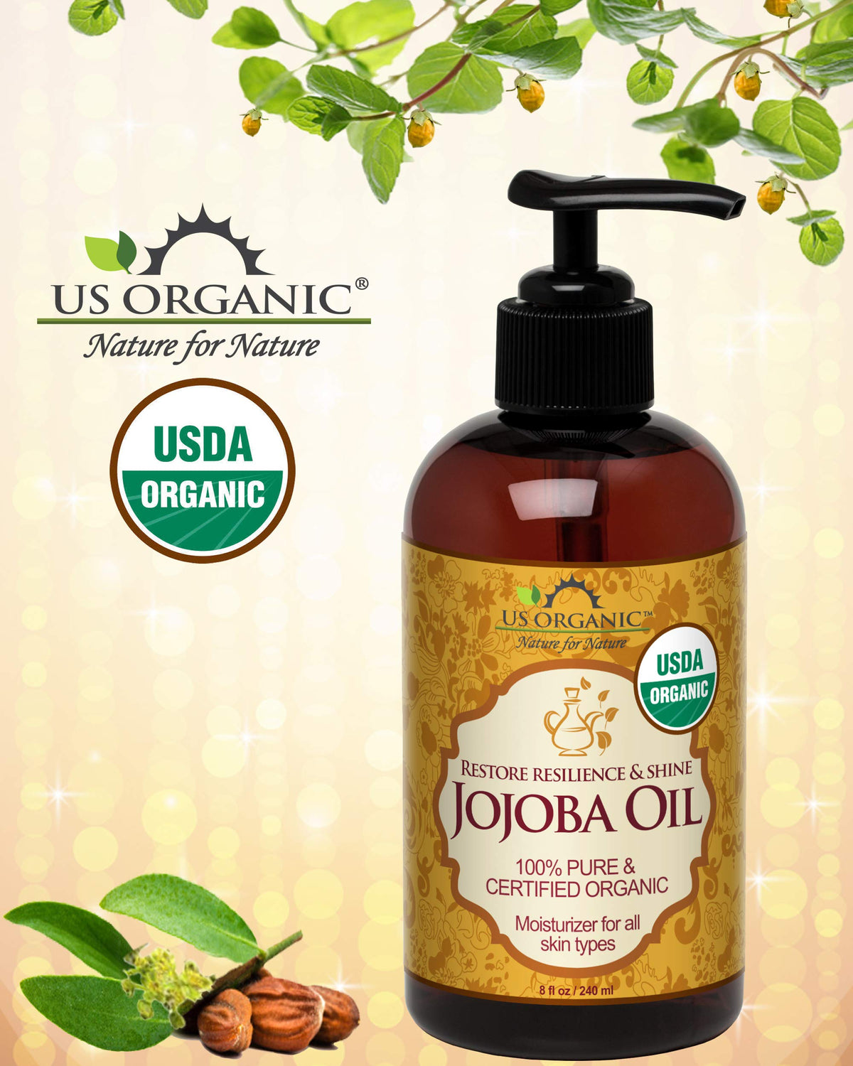 US Organic Jojoba Oil, USDA Certified Organic,100% Pure & Natural, Cold Pressed Virgin, Unrefined, Haxane Free, Amber Plastic Bottle with Pump (240 ml)