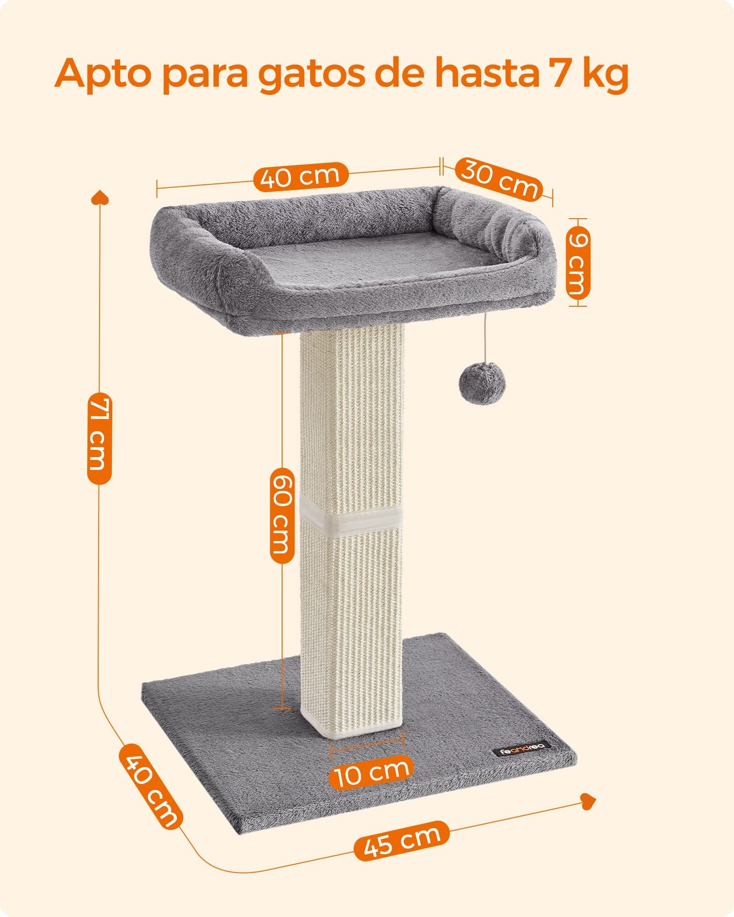 Feandrea Rascador para Gatos, Árbol para Gatos, Altura de 68 cm, Poste de Rascado con Plataforma, Poste de Sisal, con Pompón, Gris Claro MPCA022W01
