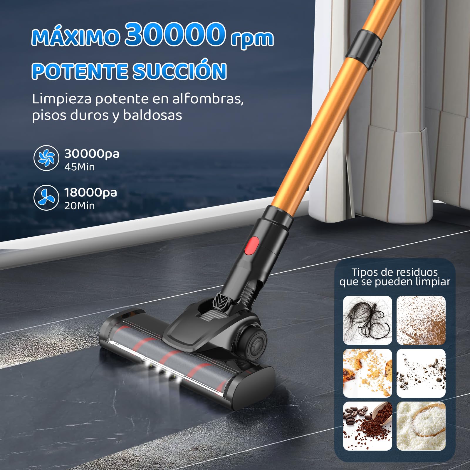 Aspiradora Inalambrica, Aspiradora de Mano y Vertical 2 en 1, 30KPa/350W Aspiradoras para el Hogar, Potente Succión,con Cepillo Sin Enredos,1L Taza para Polvo,para Pelo de Mascotas/Alfombra (Gris)
