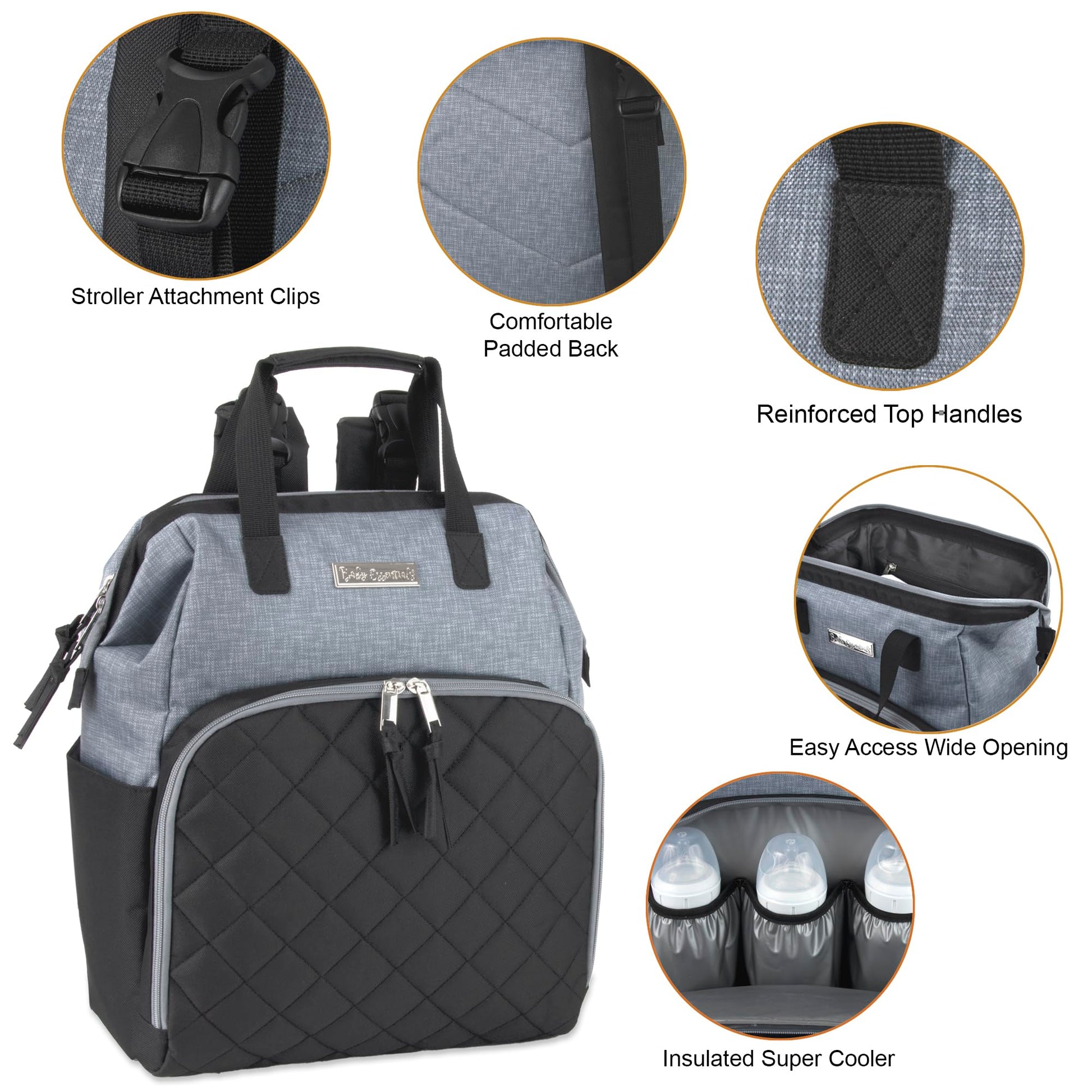 Baby Essentials - Mochila de pañales con marco principal súper enfriadora con cambiador, correas para carriola, compartimento aislado para botellas, Negro/Gris, Mediano, Mochila para pañales