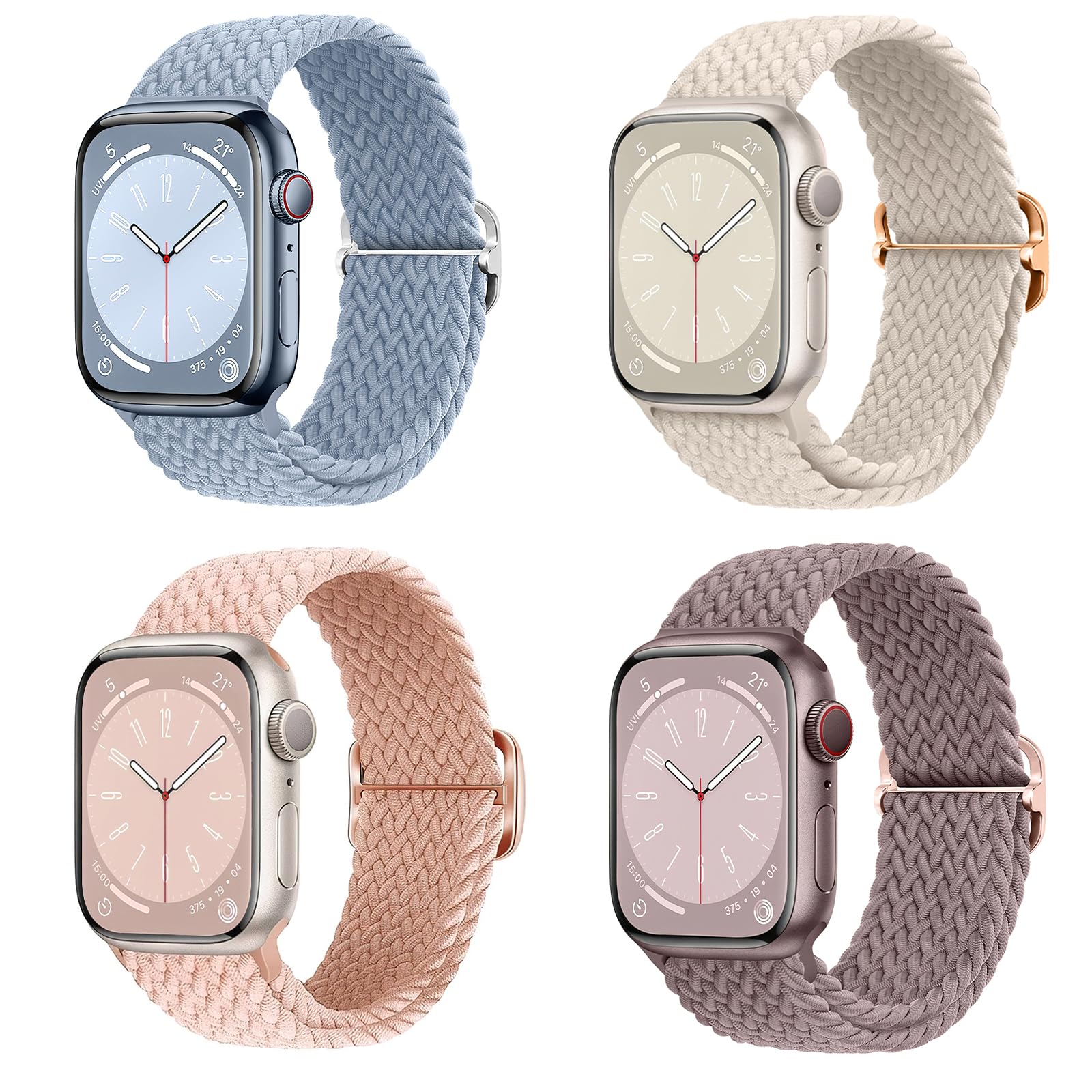 Correa Trenzada Elástica Compatible con Apple Watch Multicolor Set de 4 Piezas