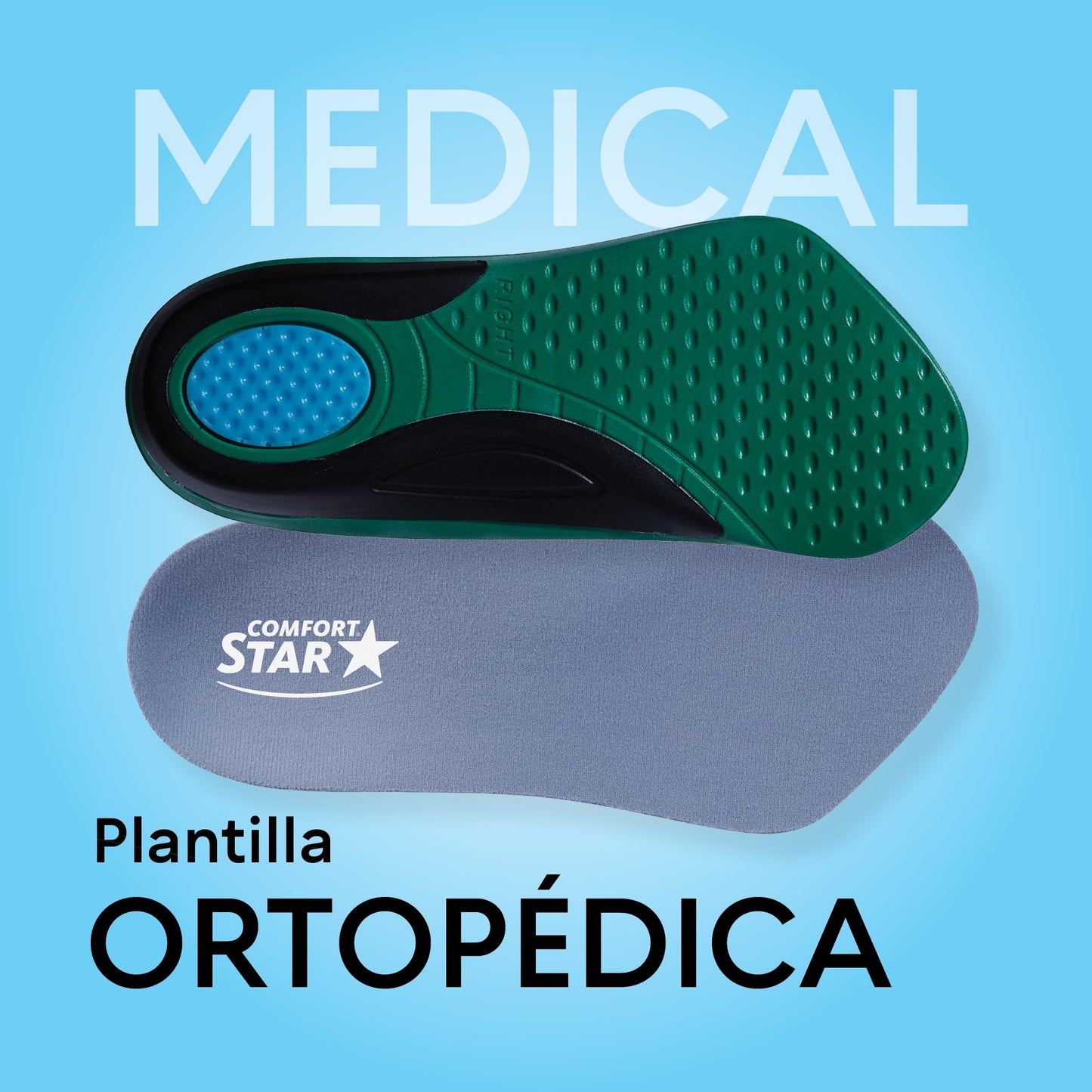 Plantilla Ortopédica Comfort Star Negra, Ideal para Fascitis Plantar, Mayor Comodidad y Doble Absorción de Impactos