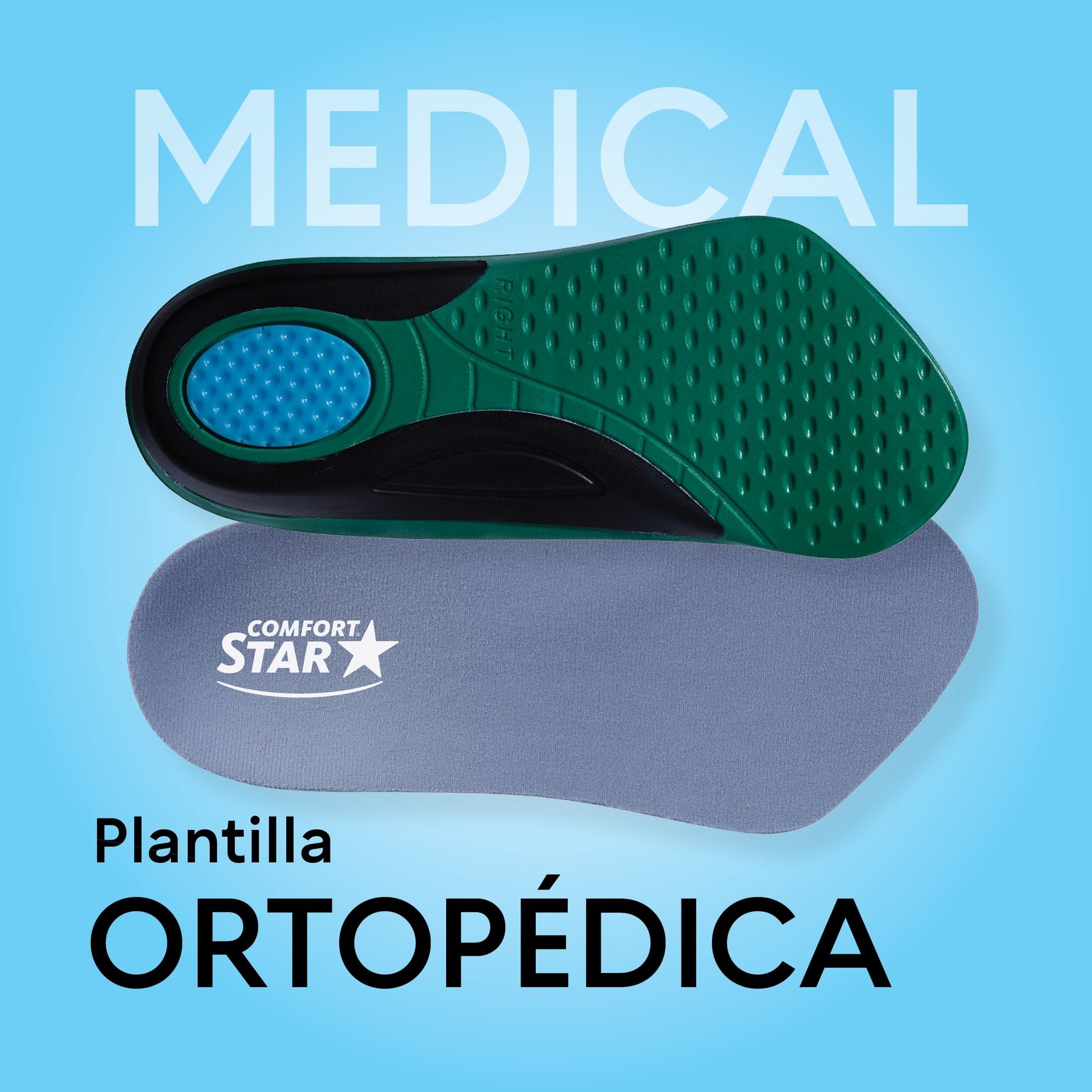 Plantilla Ortopédica Comfort Star Negra, Ideal para Fascitis Plantar, Mayor Comodidad y Doble Absorción de Impactos
