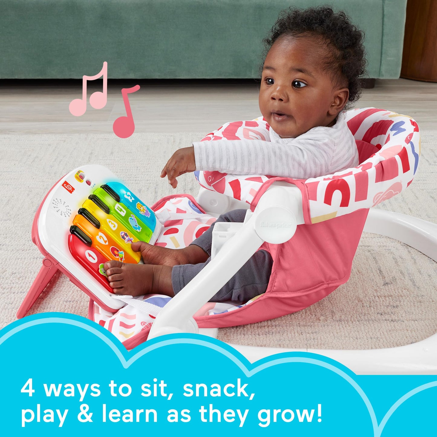 Fisher-Price - Silla portátil para bebé, asiento de lujo para sentarse con piano y bandeja de aperitivos para bebés y niños pequeños