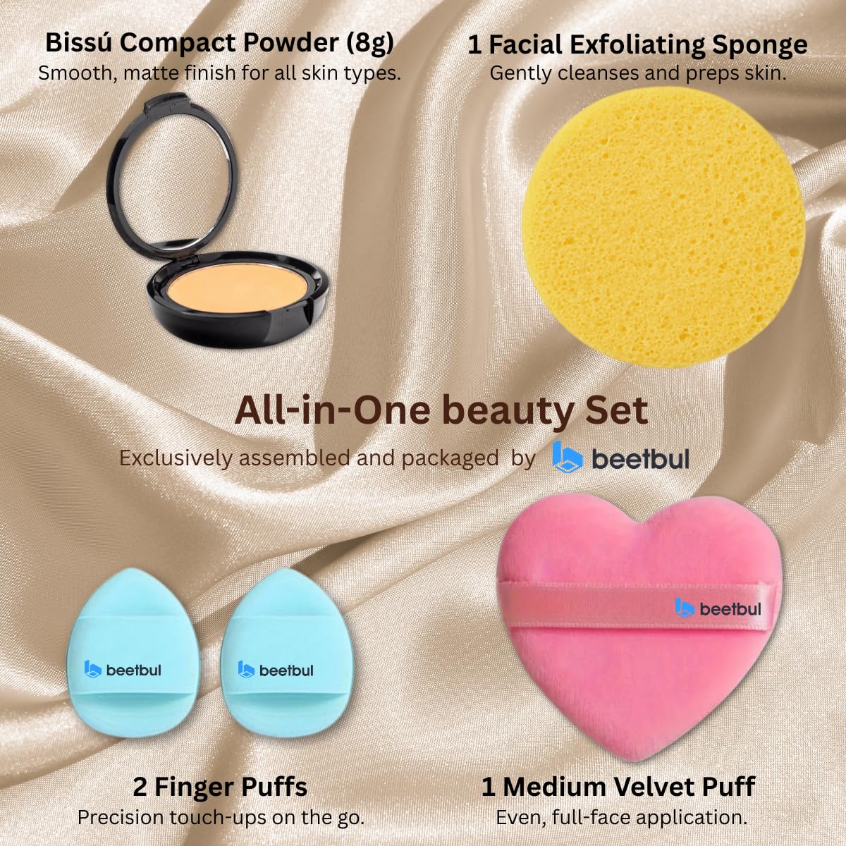 Kit de maquillaje y exfoliación – Polvo compacto Bissú + 1 Almohadilla de terciopelo mediano + 2 Almohadillas de dedos + 1 esponja exfoliante facial (13 Bronce)