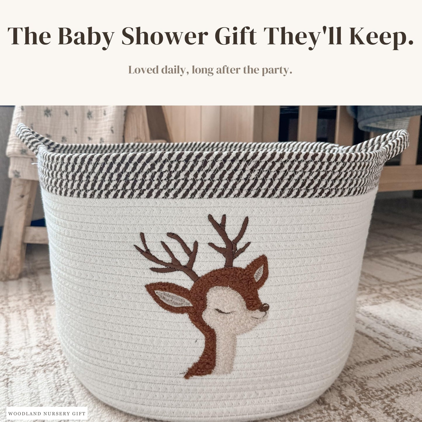 Cesta de almacenamiento de ciervos para guardería – Contenedor grande de cuerda de algodón de 15 x 11 pulgadas con parche de fieltro suave – Organizador de juguetes, cesta de lavandería para bebé
