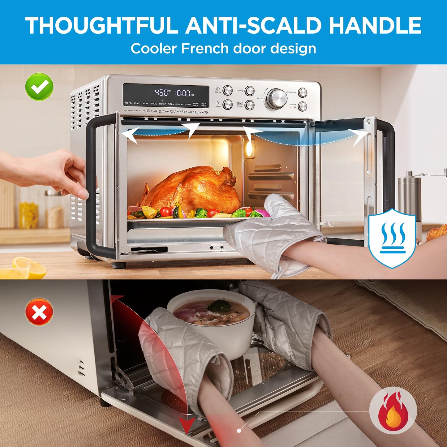 Freidora de Aire Extragrande Midea Flexify Acero para Horno Tostador de Puerta Francesa 90% Menos Aceite