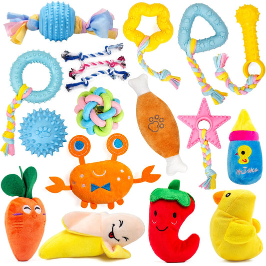 Juguetes chirriantes para perros pequeños y medianos, 18 unidades, cuerda de peluche con juguetes de goma a granel, juguete de peluche seguro para masticar y dentición. (18 piezas de juguete para perros)