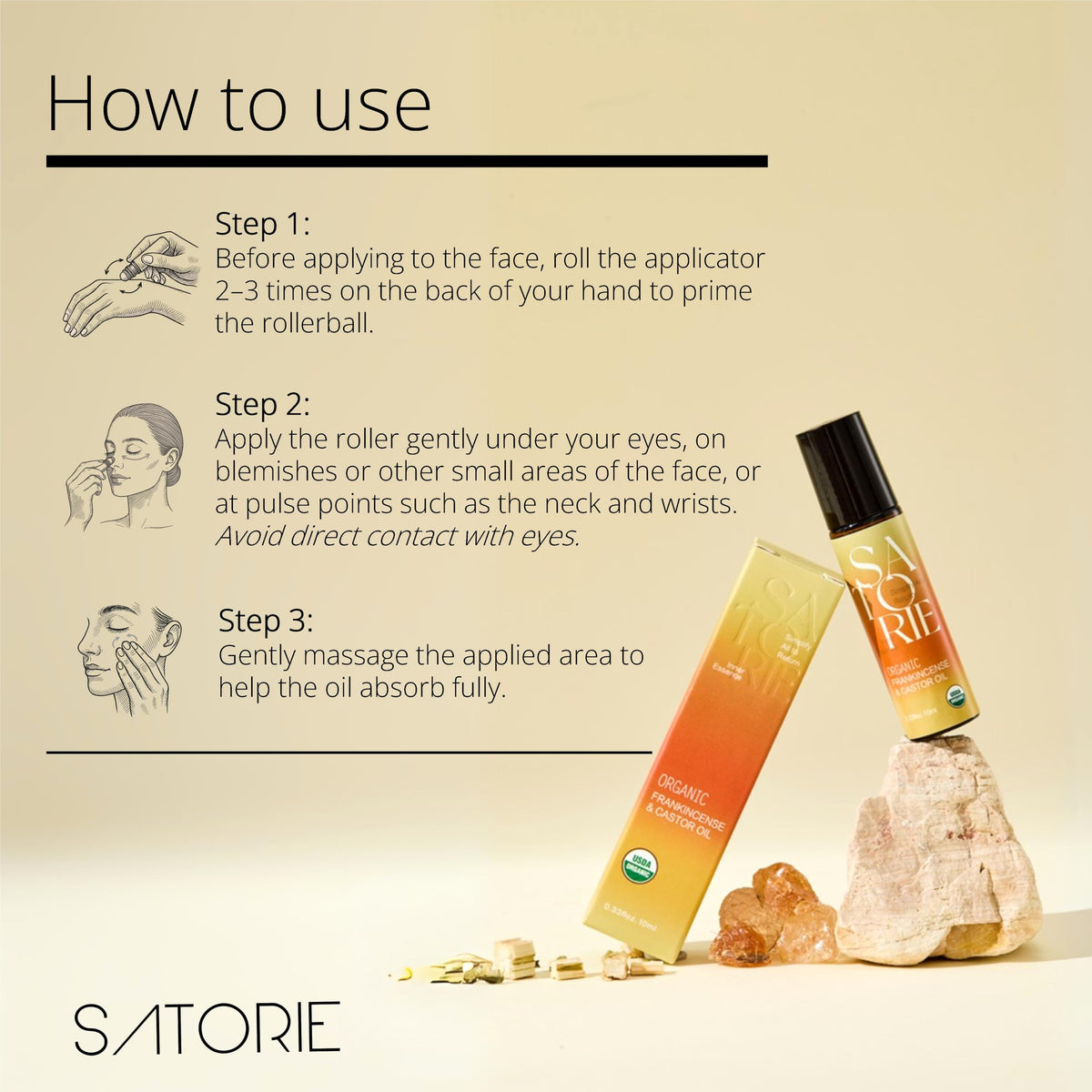 Satorie Aceite Orgánico De Ricino E Incienso Con Cuarzo Rosa En Roll-On - Mezcla De Aceites Esenciales Certificada Por El Usda, Roll-On Con Efecto Antiedad, Ideal Para Rostro, Contorno De Ojos,
