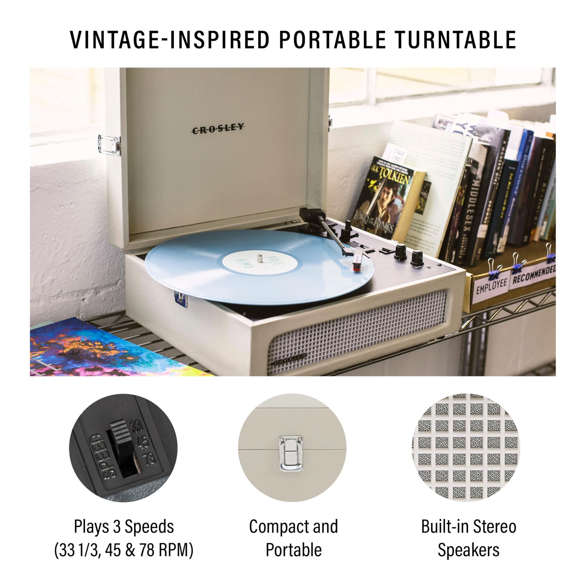 Crosley CR8017B-DU Voyager - Tocadiscos de Vinilo portátil clásico con Entrada y Salida Bluetooth y Altavoces Integrados, Dune