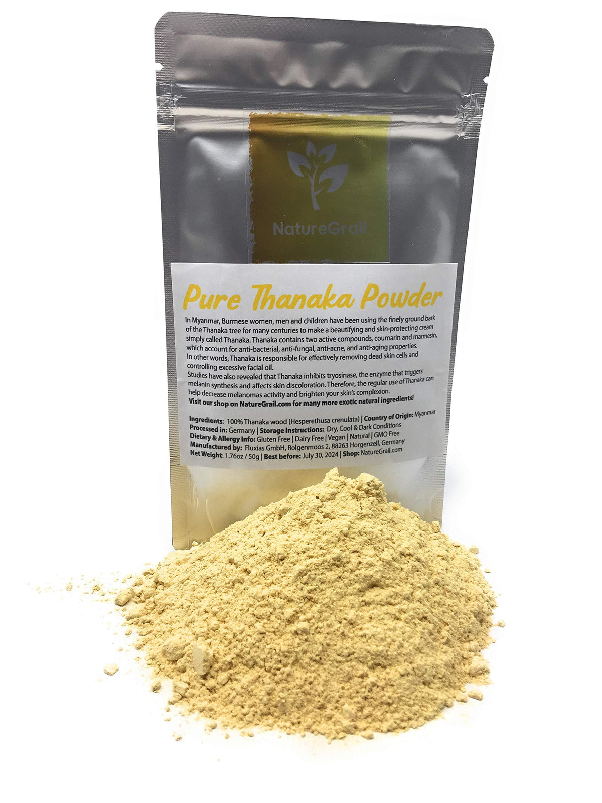 Pure Thanaka Powder - Tanaka from Thailand - Ingredients: 100% Thanaka Wood (Hesperethusa Crenulata) - Kosher, Halal, Organic - Net Weight: 1.76Oz / 50G, Naturegrail, HERB, Polvo, 1 Unidades, Certific