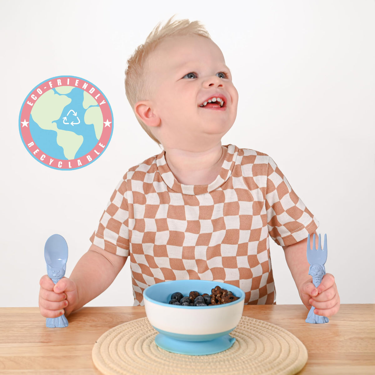 Spoon la la - Juego de utensilios para niños pequeños (2 unidades) y libro de tabla para bebés, cuchara y tenedor para niños pequeños de 1 a 3, asas 3D autónomas para gatos y perros, sin BPA, apto