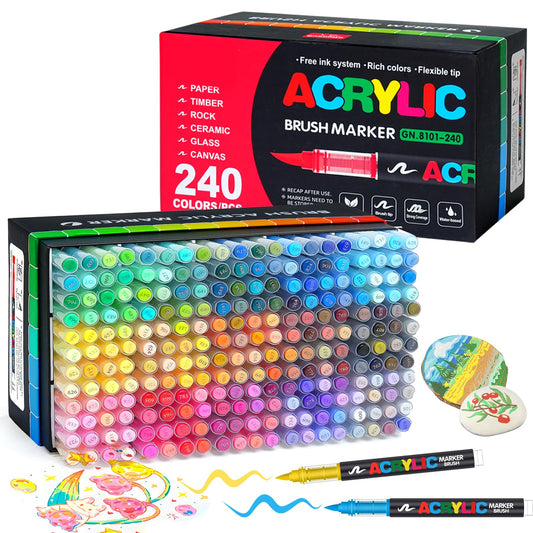 Marcadores Acrílicos 240 Colores Punta Brush – Tinta Acrílica Líquida de 2.4 ml, Caja de 5 Niveles, Ideal para Arte en Roca, Madera, Vidrio, Tela y Más – Rotuladores Acrílicos de Pintura