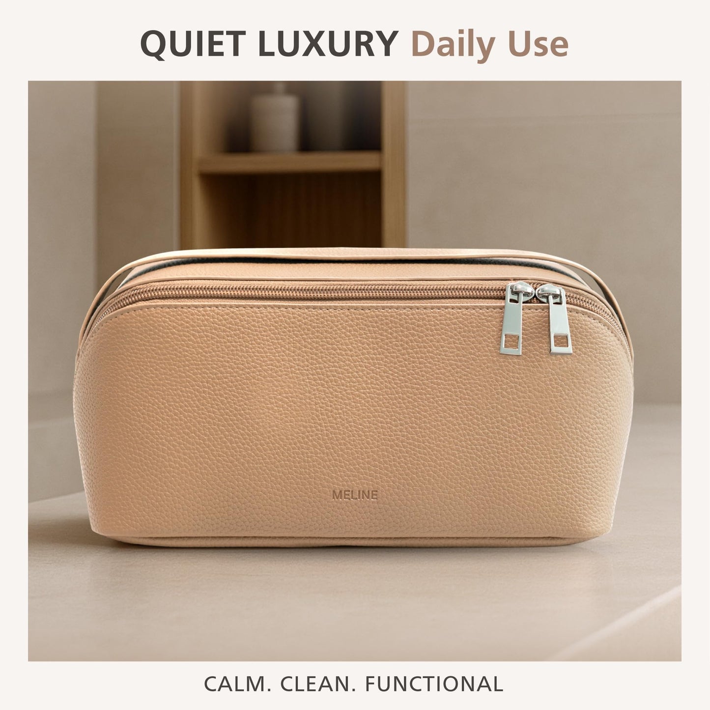 MELINE - Bolsa de maquillaje de viaje - Organizador de cosméticos y artículos de cambiador de gran capacidad con divisor y asa, diseño plano impermeable, bolsa portátil para mujer, gris topo, Bolsa de
