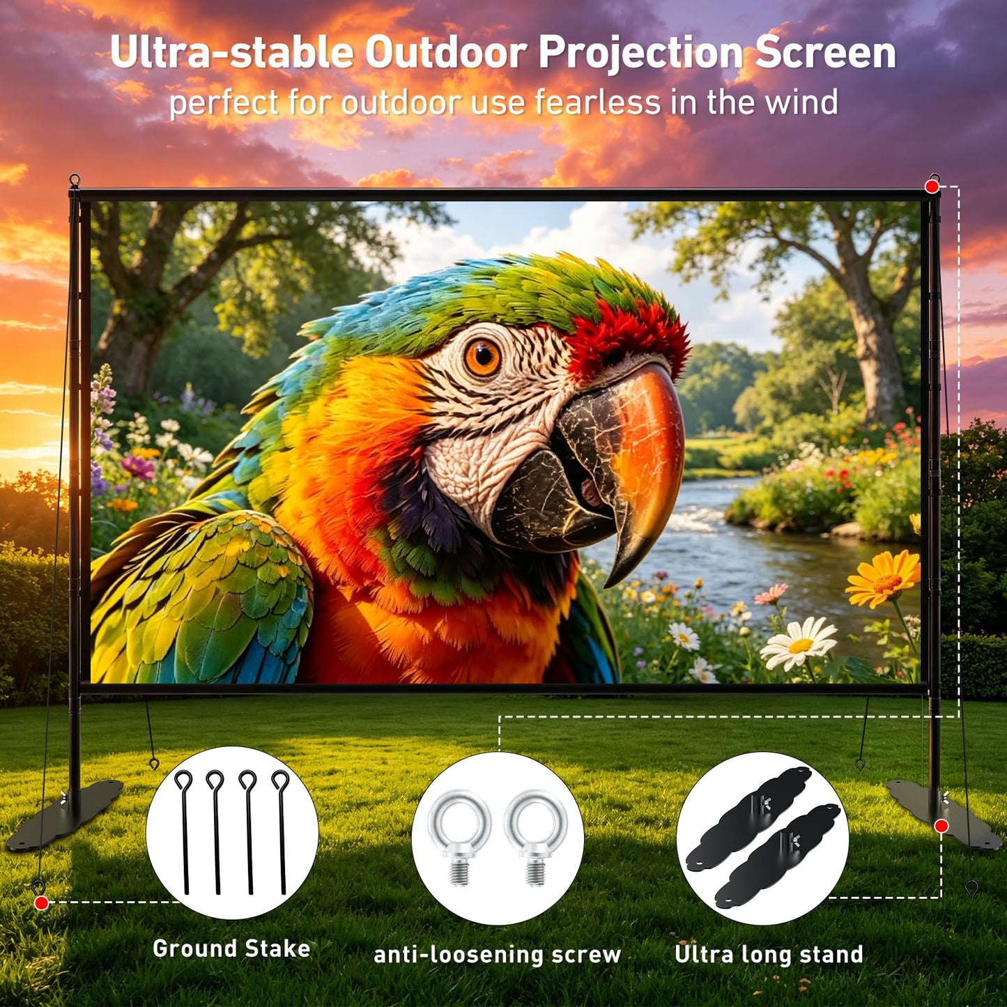 visualización de proyector de 150 pulgadas con soporte, visualización de cine portátil 4K HD 16:9 para exteriores, visualización de proyección plegable sin arrugas, con bolsa de transporte y uñas de