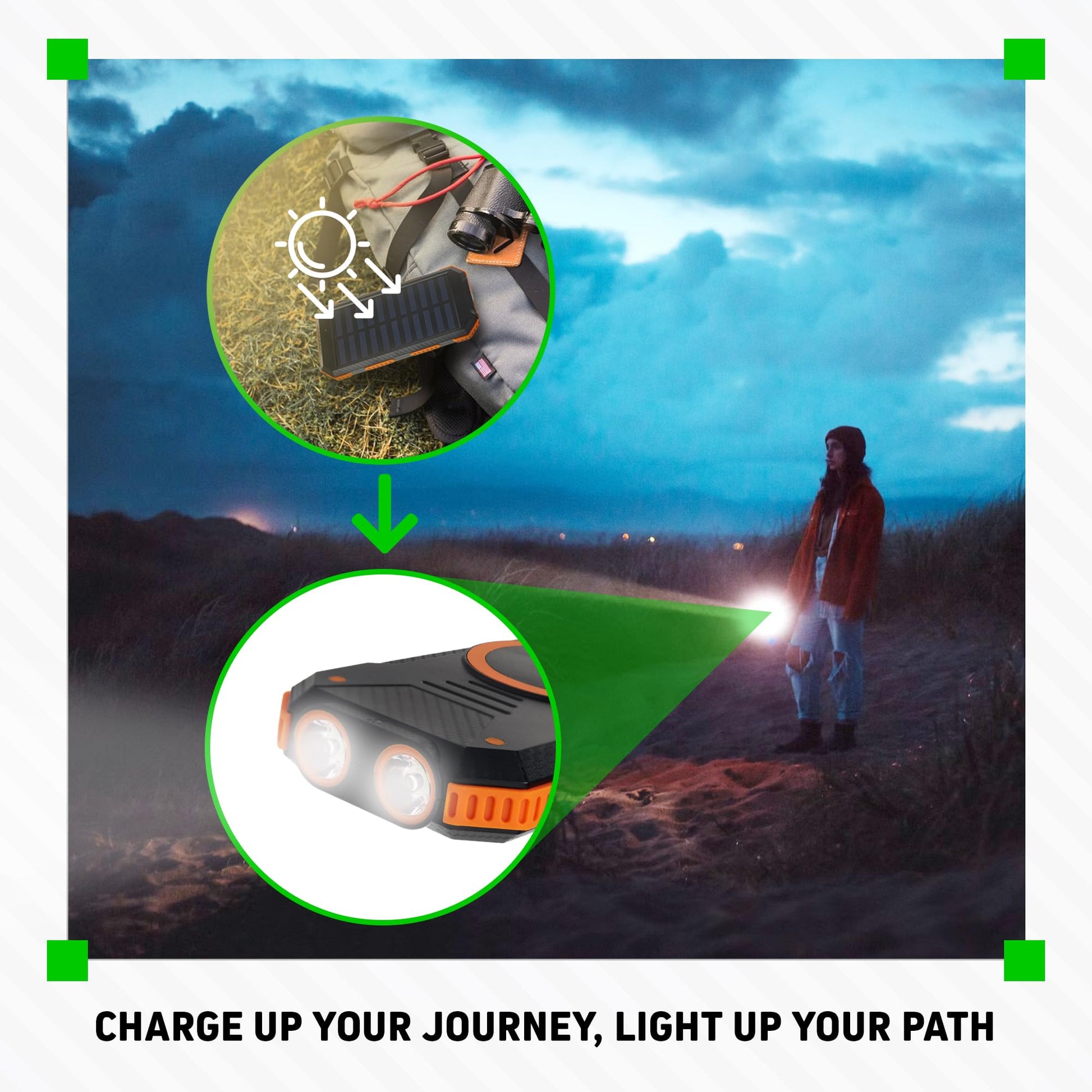 CHARGEWORX - Banco de energía Solar con 2 Puertos USB-A más Puertos de Carga USB-C y Micro-USB, Capacidad de 15.000 mAh, Incluye brújula y linternas LED duales, Ideal para Camping, Senderismo y más