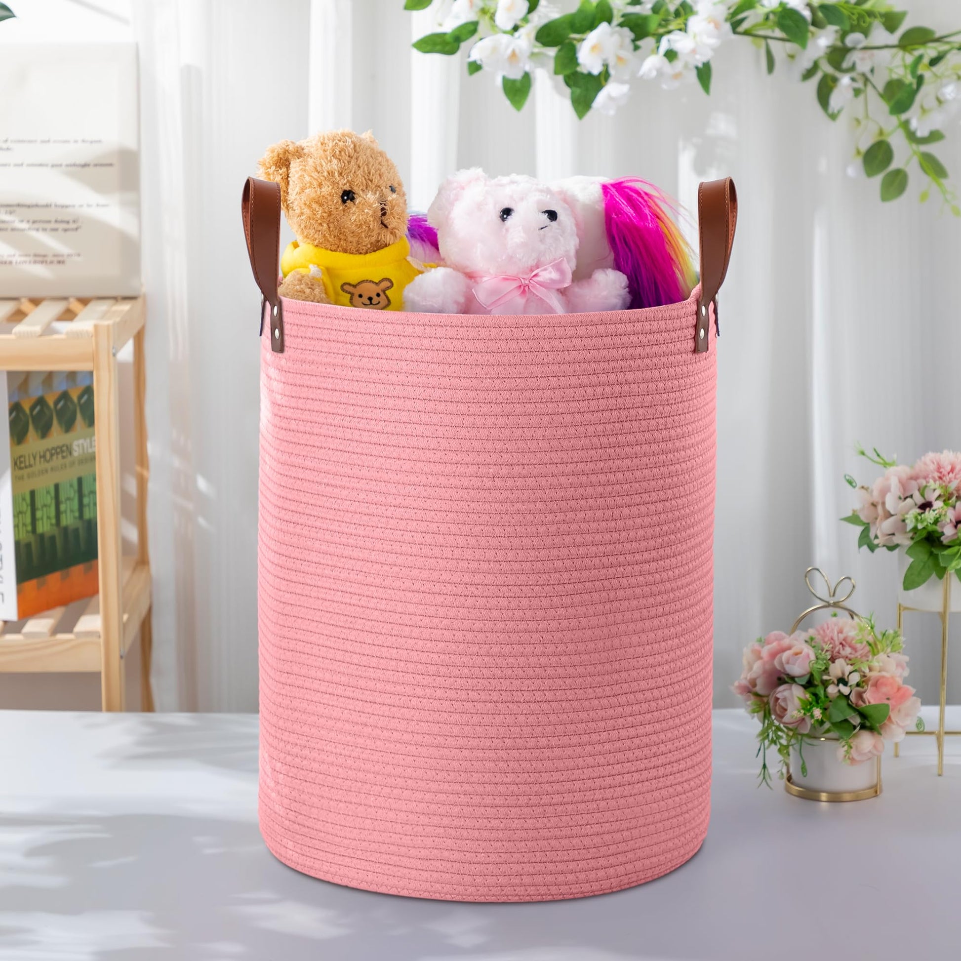 Wymulot - Cesta grande de cuerda de 80 l, cesta de almacenamiento de cuerda tejida con asas de piel, cesta de almacenamiento de juguetes para perros, recámara, almacenamiento de manta de guardería,