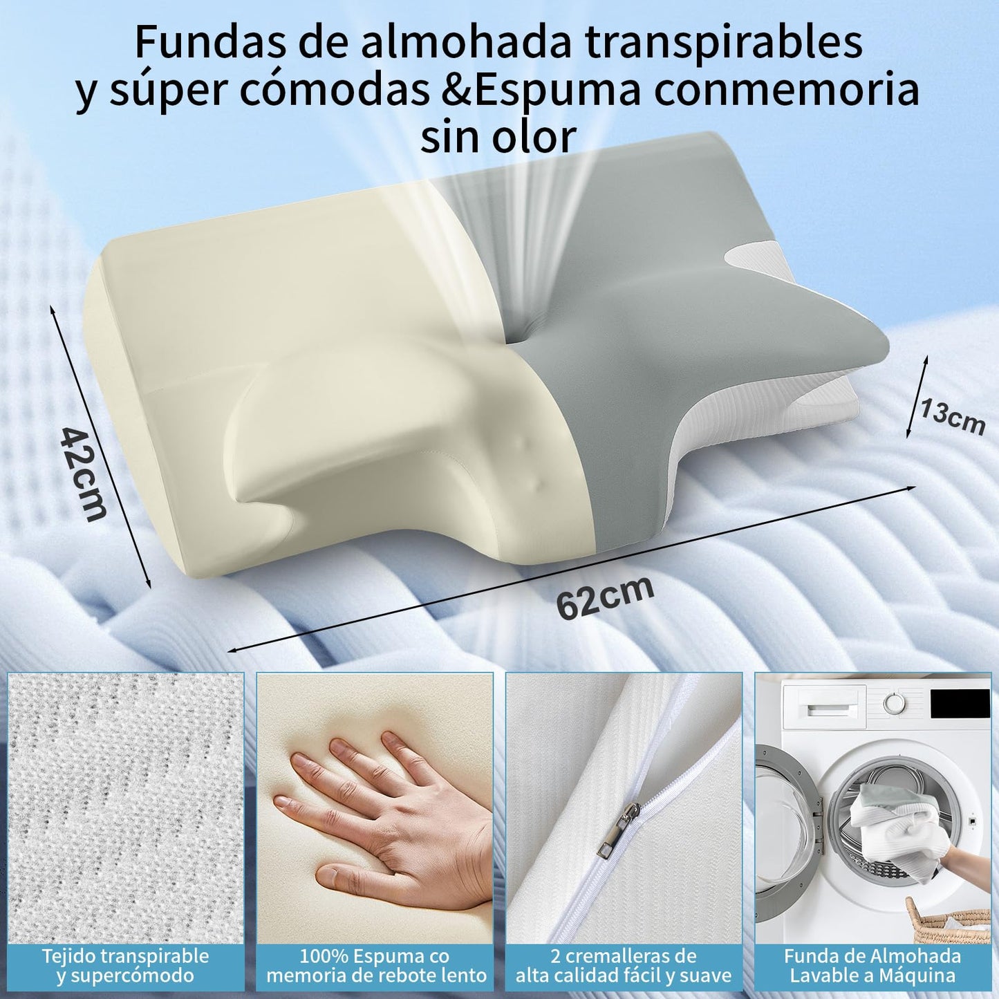 KIROGILY Almohada Cervical, Almohadas Memory Foam para Aliviar el Dolor de Cuello, Almohada Ortopédica Ergonómica para Personas Que Dormir de Lado, Boca Arriba o Boca Abajo, con Fundas de Almohada