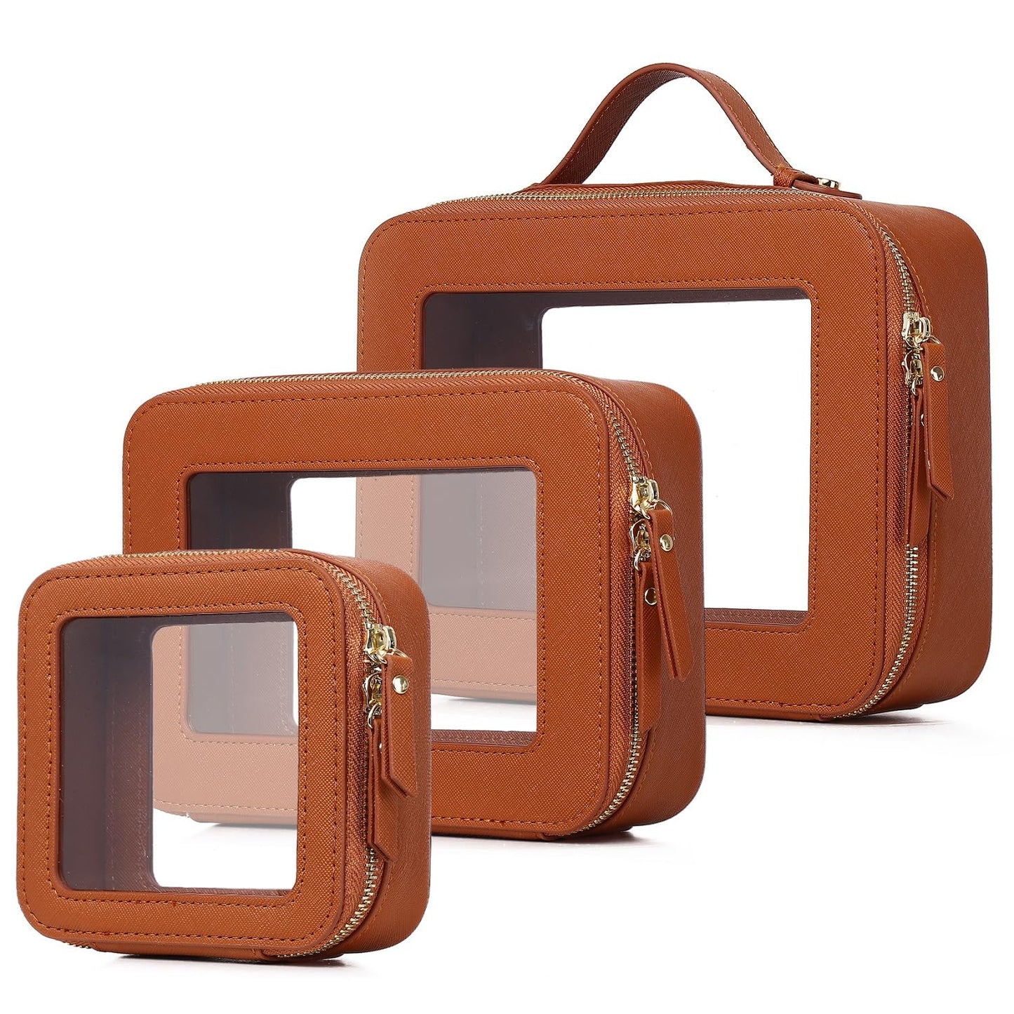 LOFOWN - Bolsa de maquillaje transparente con cierre para mujer, impermeable, bolsa de cosméticos de viaje y neceser, organizador de maquillaje portátil, artículos esenciales para el coche, Marrón, L+