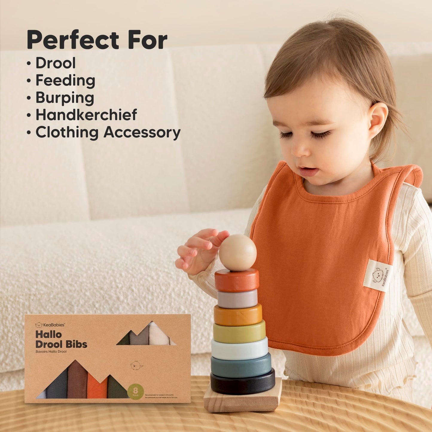 KeaBabies - Paquete de 8 baberos para bebés para niños y niñas, baberos sin botones para la dentición, bebé niña y niño pequeño, recién nacido, suave y absorbente, colores bonitos, cobertura grande