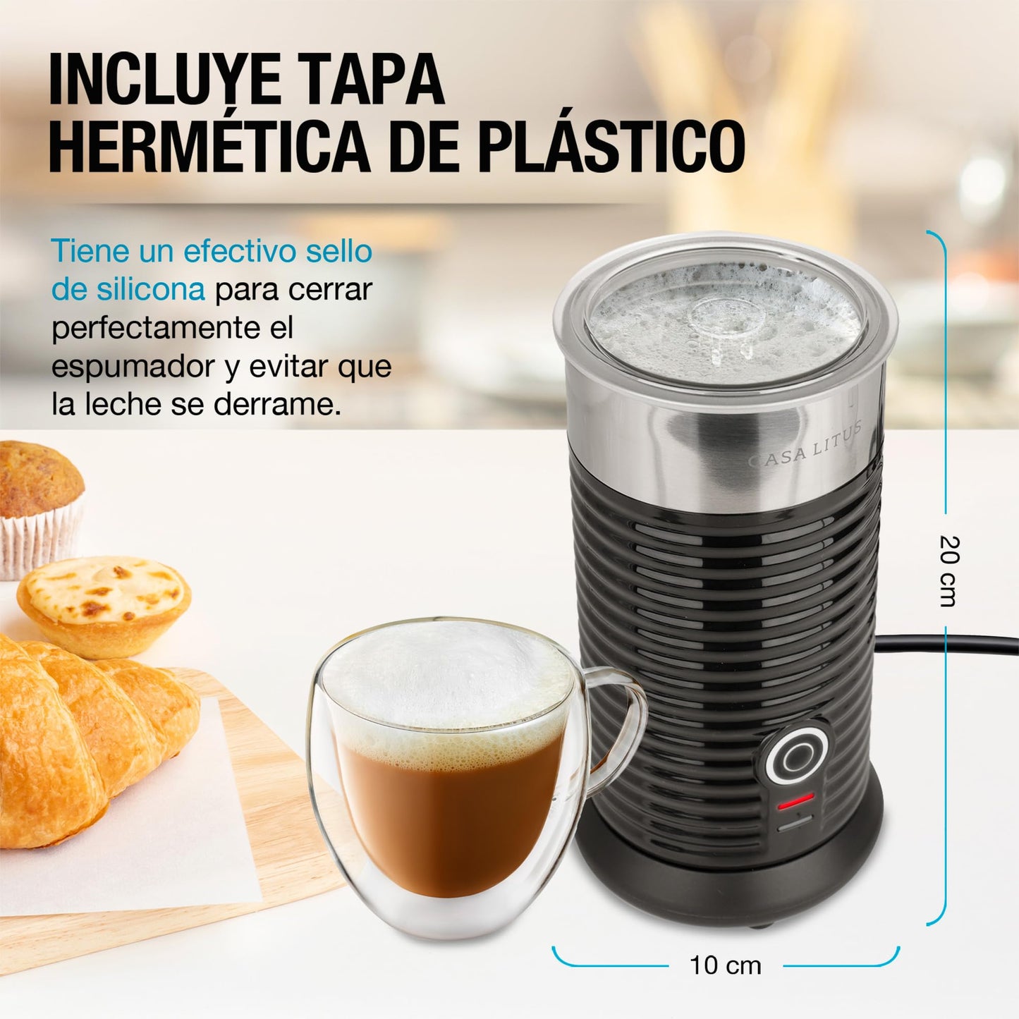 CASA LITUS Espumador de Leche Eléctrico Profesional de Acero Inoxidable (190 ml), Calienta y Espuma en Segundos, Batidora para Capuchino, Latte, Matcha y Chocolate, Leche Caliente y Fría, Mod. Beirut